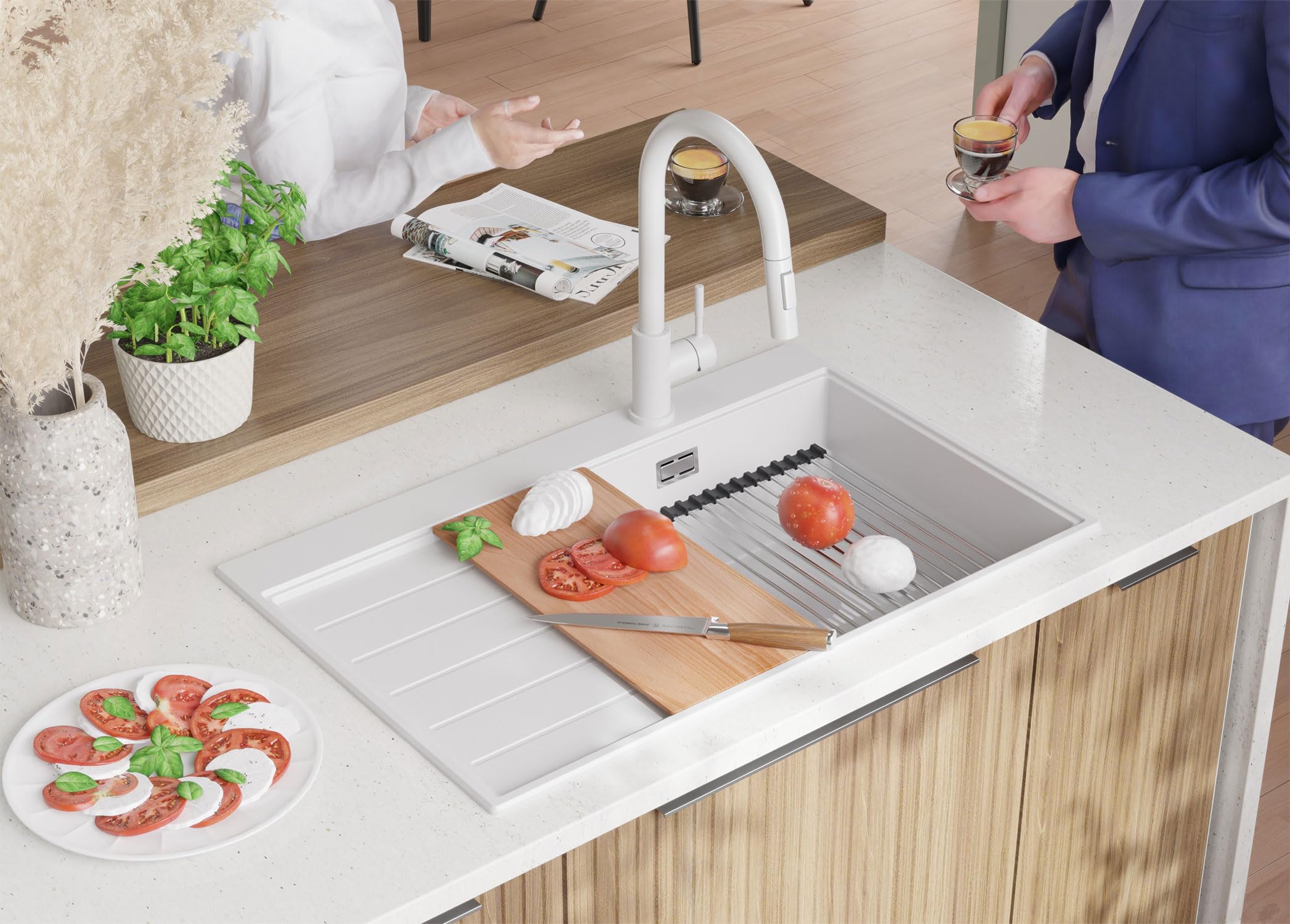 PRIMAGRAN Evier Cuisine en Granit Blanc 78x50cm, Lavabo 1 bac + Kit de Vidage, Évier à Encastrer au Meuble 50cm - Sydney S293