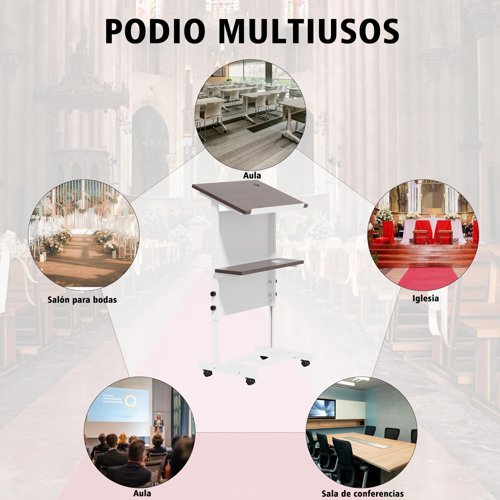 Escritorio de pie con Ruedas, Atril portátil móvil, Atril con Ruedas de Altura Ajustable con Estante y portavasos para presentaciones y Uso de portátiles.