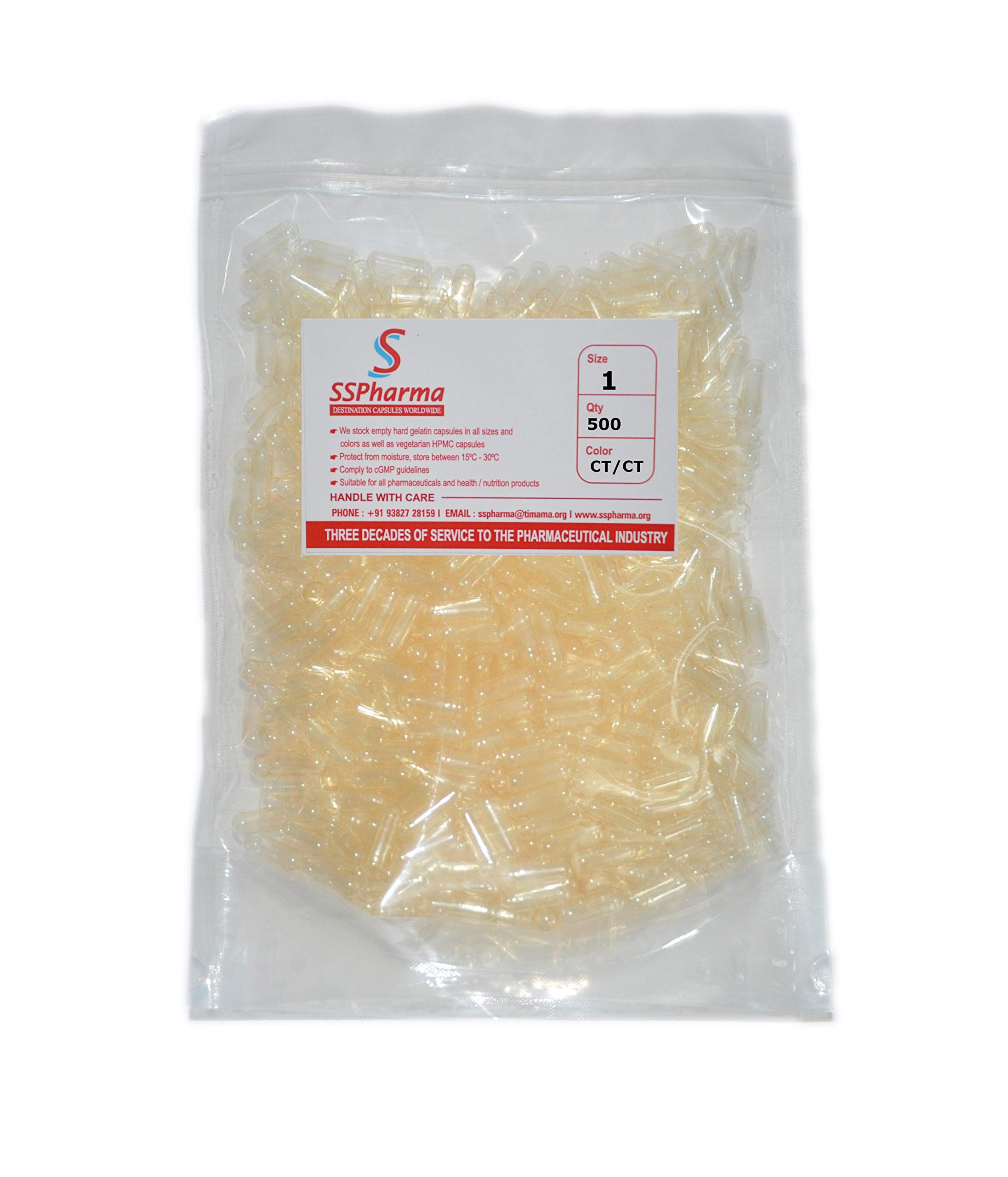 SS Pharma - Empty Hard Gelatin Capsules Size 1 Clear Transparent - 500 Capsules - DIY Powder Filling