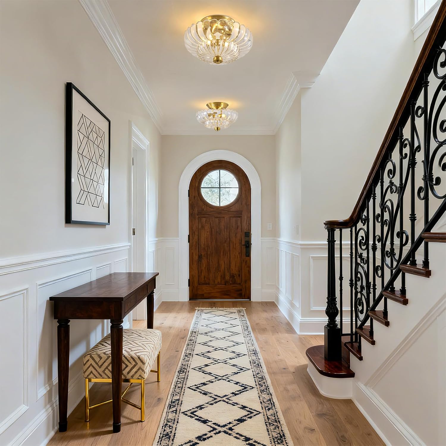Modern Glass Ceiling Light Fixture: 11.8" Brass Gold Semi Flush Mount Close to Ceiling Lights Fixtures - Vintage Scalloped Overhead Lighting for Hallway Entryway Kitchen Living Room Bedroom Bathroom