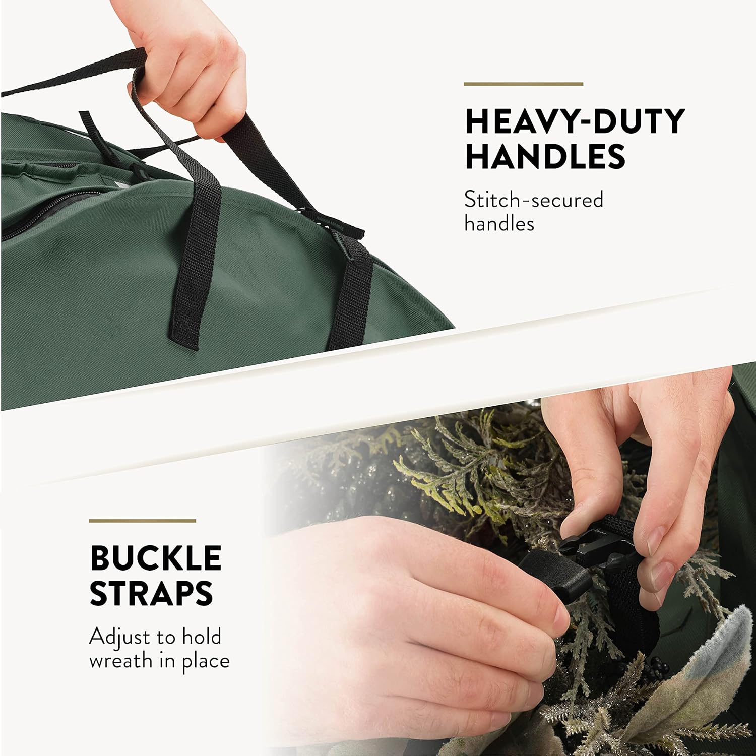 ZOBER Christmas Wreath Storage Container 36 Inch - Wreath Bag Fits 2 Wreaths Box - 600D Oxford Fabric - Interior Compartment for Storing Garlands, Wreaths Storage Bag W Strong Durable Handles - Green - Image 7