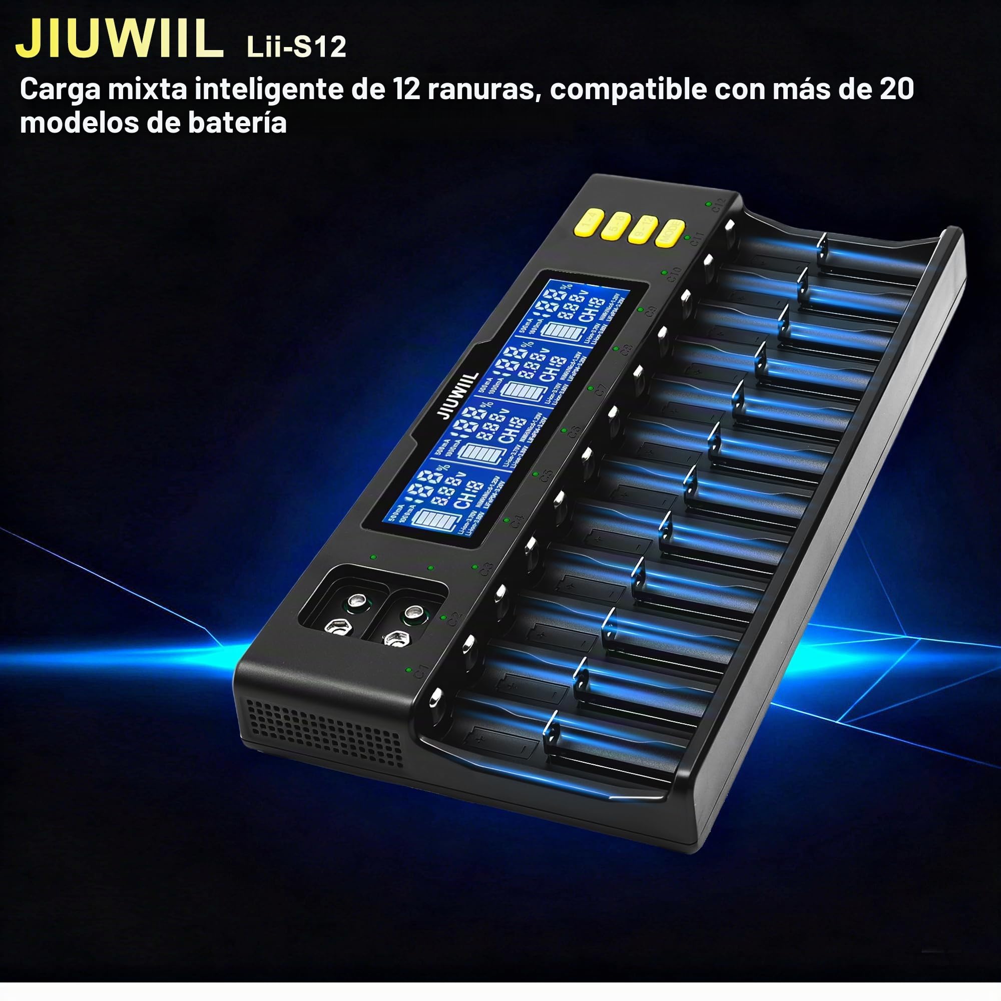 Cargador de baterías 18650, JIUWIIL Cargador rápido de baterías de 12+2 Ranuras con Pantalla LCD para baterías Recargables de Iones de Litio LiFePO4 RCR123 26650 10440 14500 & 9 V