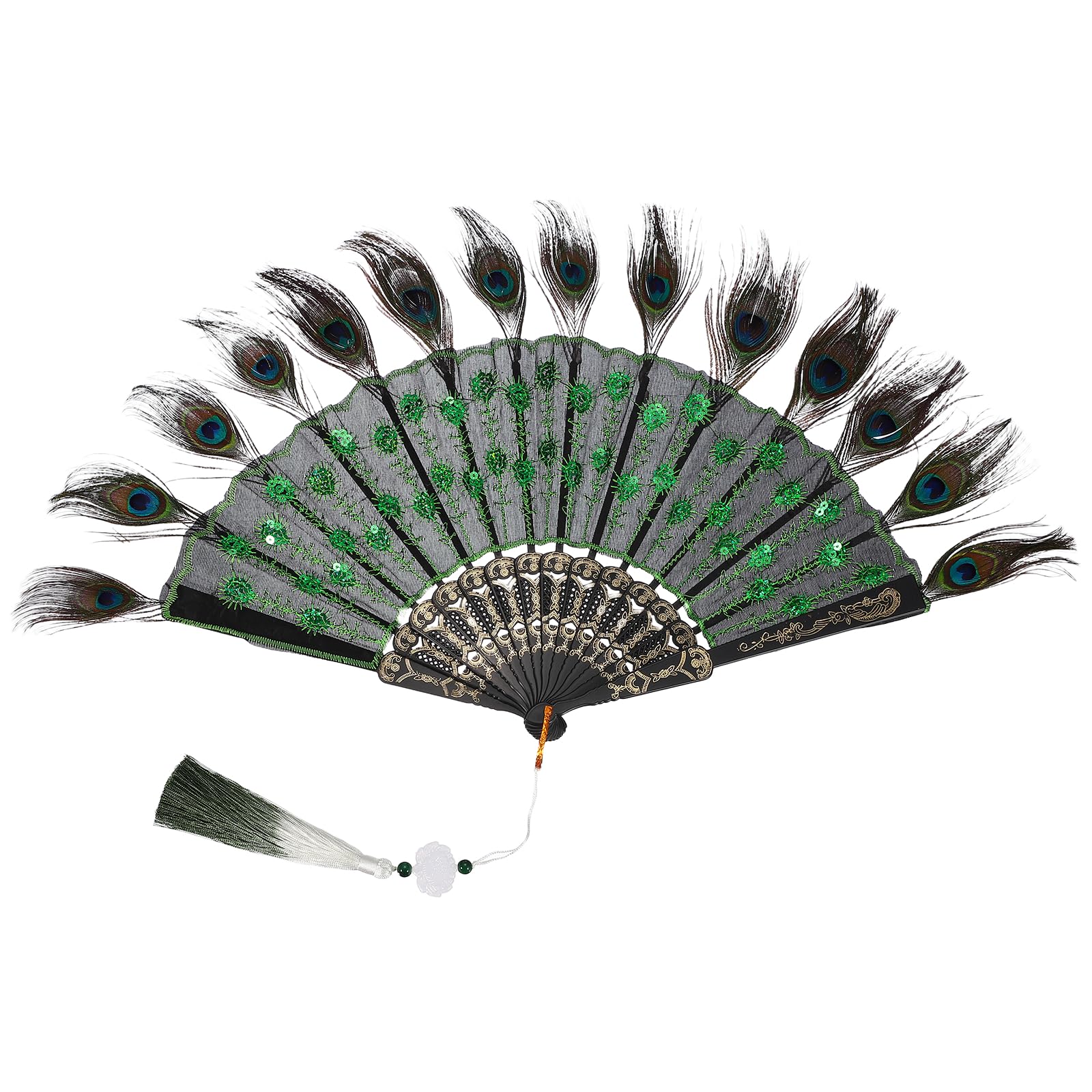YELARXI Peacock Feather Hand Fan, 20s Vintage Folding Fan Flapper Hand Fan, Handheld Folding Fan Prom Accessories -Fitting For (Vintage Party/Wedding/Costume Dancing/Gift) 9", Green