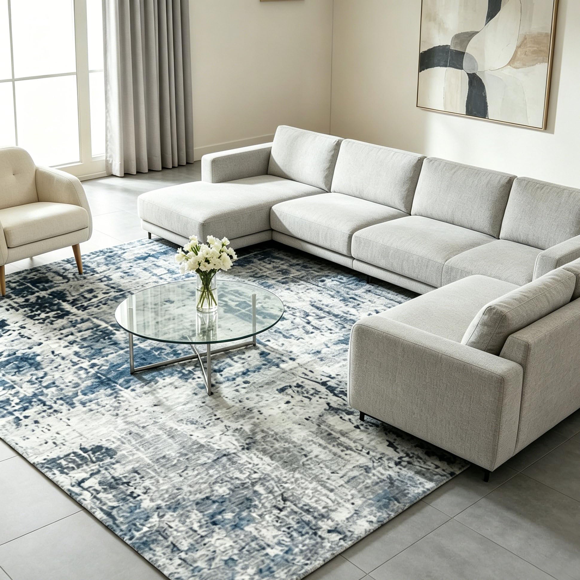 Tapis Salon 160x230cm, Tapis Moderne de Chambre à Coucher, Tapis de Salon Abstrait Antidérapant Lavable en Machine Tapis de Chambre Adulte Doux Poil Court pour Salon Bureau Intérieur (Gris et bleu)
