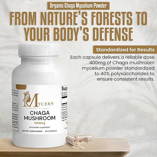 Miniatura 4 de Cápsulas de hongos Chaga, 60 cápsulas veganas, polvo de micelio orgánico estandarizado al 40% de polisacáridos, suplemento de apoyo inmunológico y