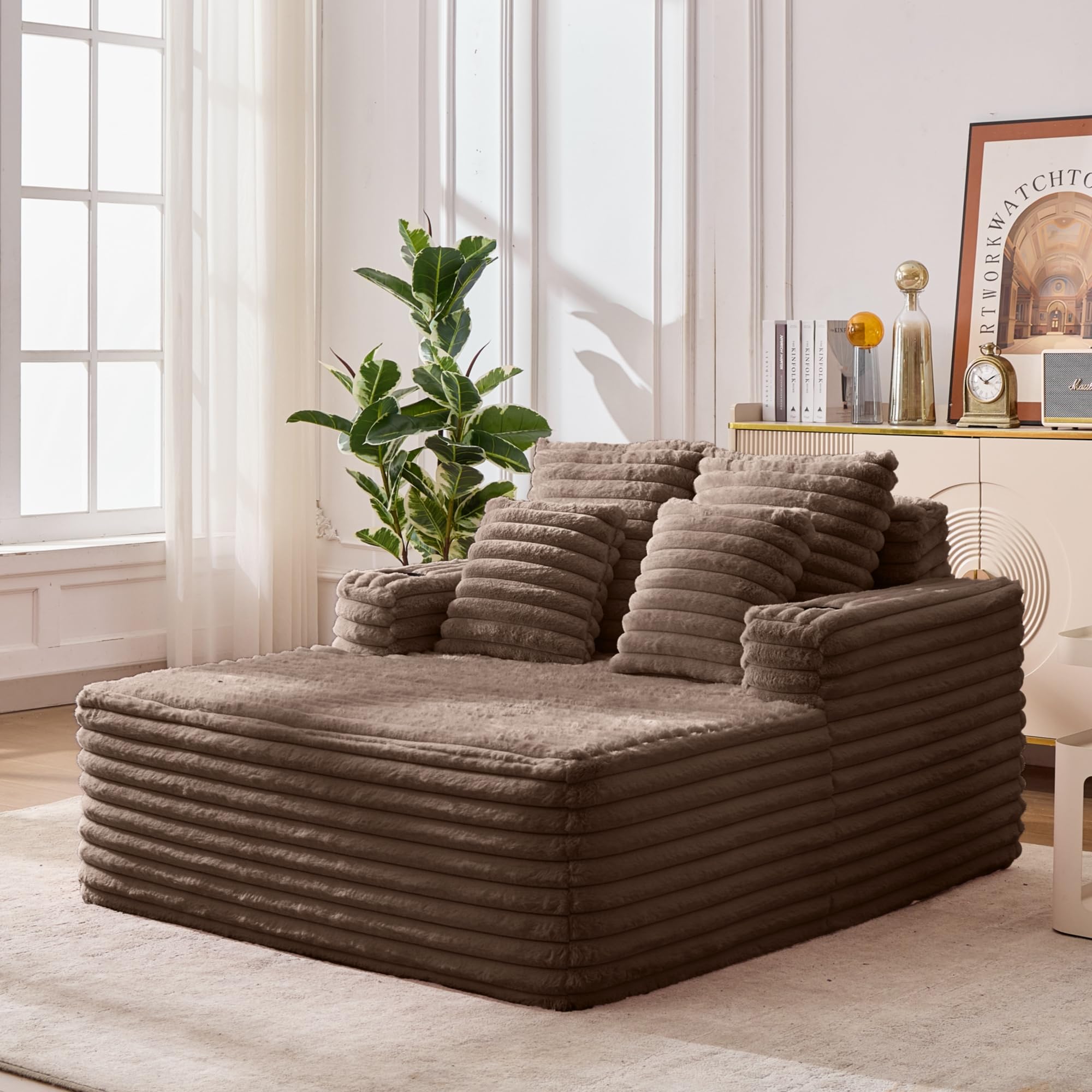 Sillón de lectura grande – Sillón de piel sintética mullida con soporte para bebidas, chaise longue Cloud Chair sin montaje, marrón (marrón, 135 cm × 128 cm × 86 cm)