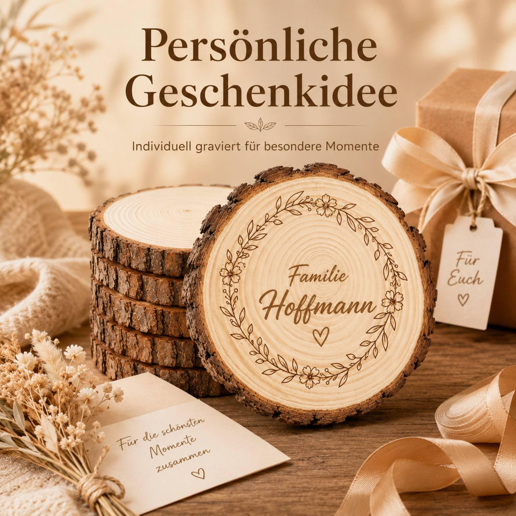 6er Set Personalisierter Holzscheiben mit Gravur Text Muster, 20-22 cm Durchmesser Baumscheiben Natur ohne Loch 15 mm Dicke, Große Holzscheiben für Hochzeit, Tischdeko & DIY Basteln