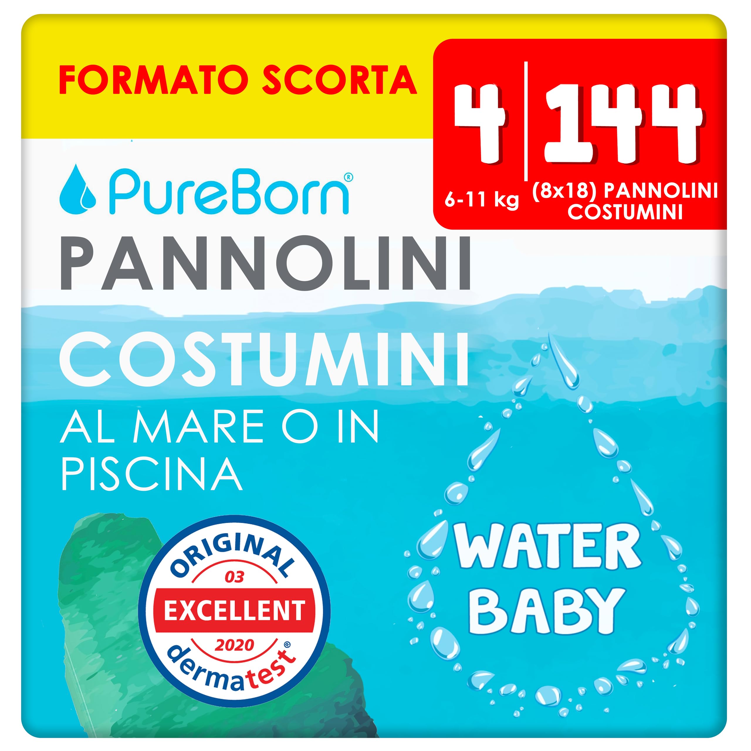 PureBorn 144 Pannolini Costumini Taglia 4 (6-11kg), Ideali per Mare e Piscina, Impermeabili, Comodi e Pratici, Anti-Fuoriuscita