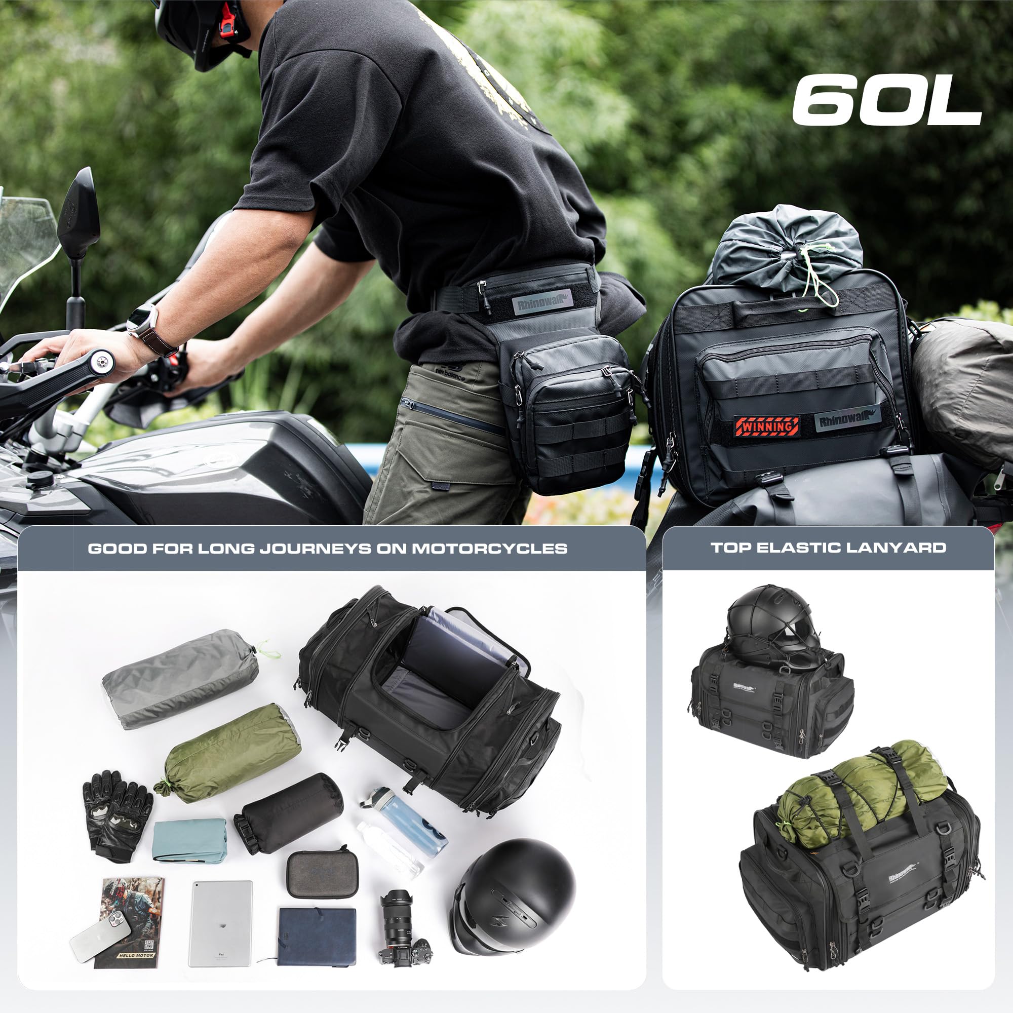 Rhinowalk Motorfiets achtertas, waterdichte duffle droogzak, bagage met grote opbergruimte voor kamperen, boottochten, fietsen, 60 liter, zwart