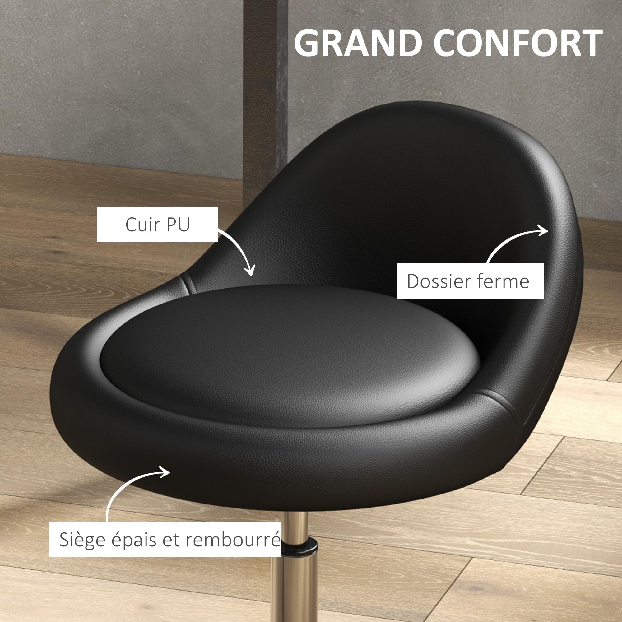 HOMCOM Tabouret à roulettes Tabouret de Travail pivotant 360° Hauteur réglable 53-73 cm Tabouret de Bureau revêtement synthétique Noir