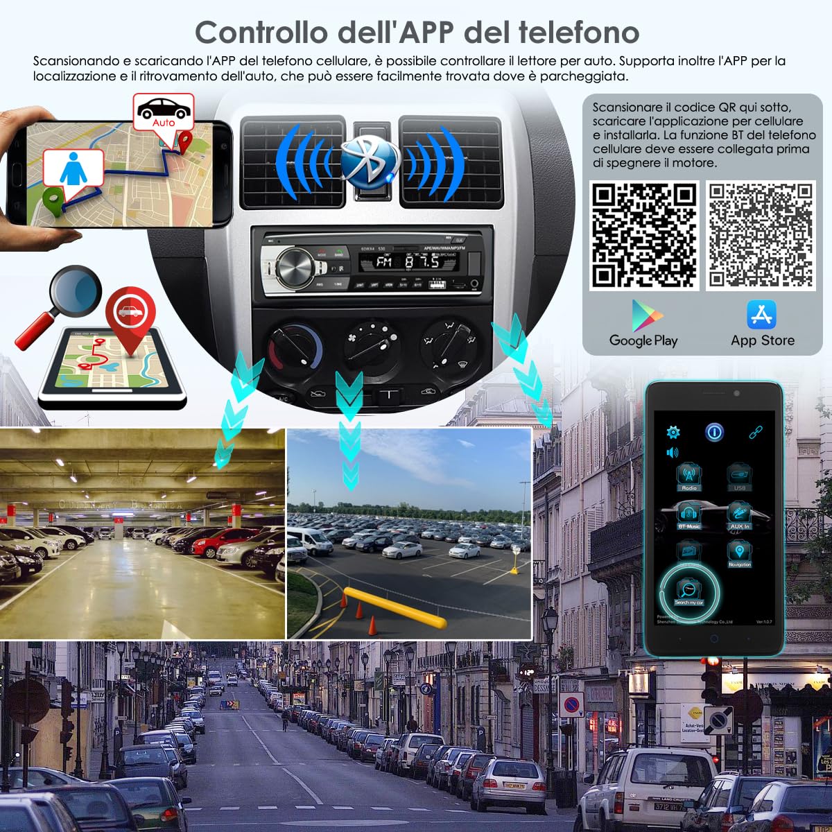Autoradio Bluetooth con sistema vivavoce autoradio con Bluetooth USB/TF/lettore MP3/radio con connessione AUX Auto, autoradio FM con telecomando 1 DIN RDS Funzione di ricarica rapida