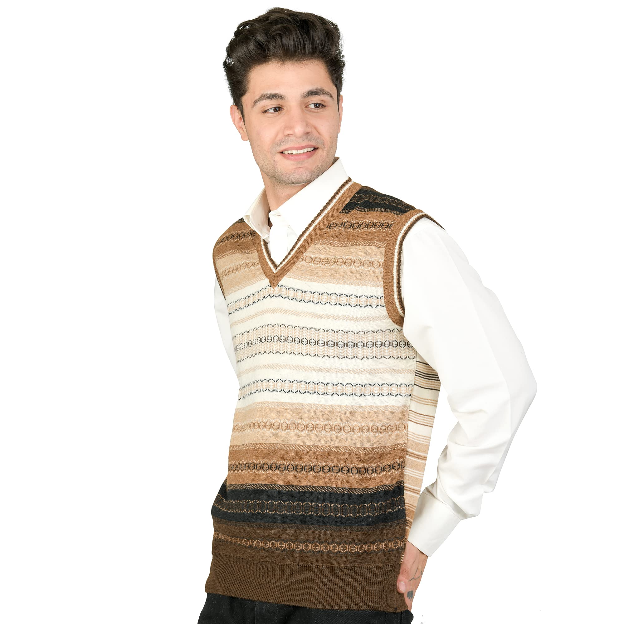Men Woolen Printed V-Neck Design Sleeveless Pullover Heavy Rainbow Fabric Winter Wear Pure Wool Cardigan Regular Cotty Fully Warm Heavy Pullover Cardigans Free Sizes