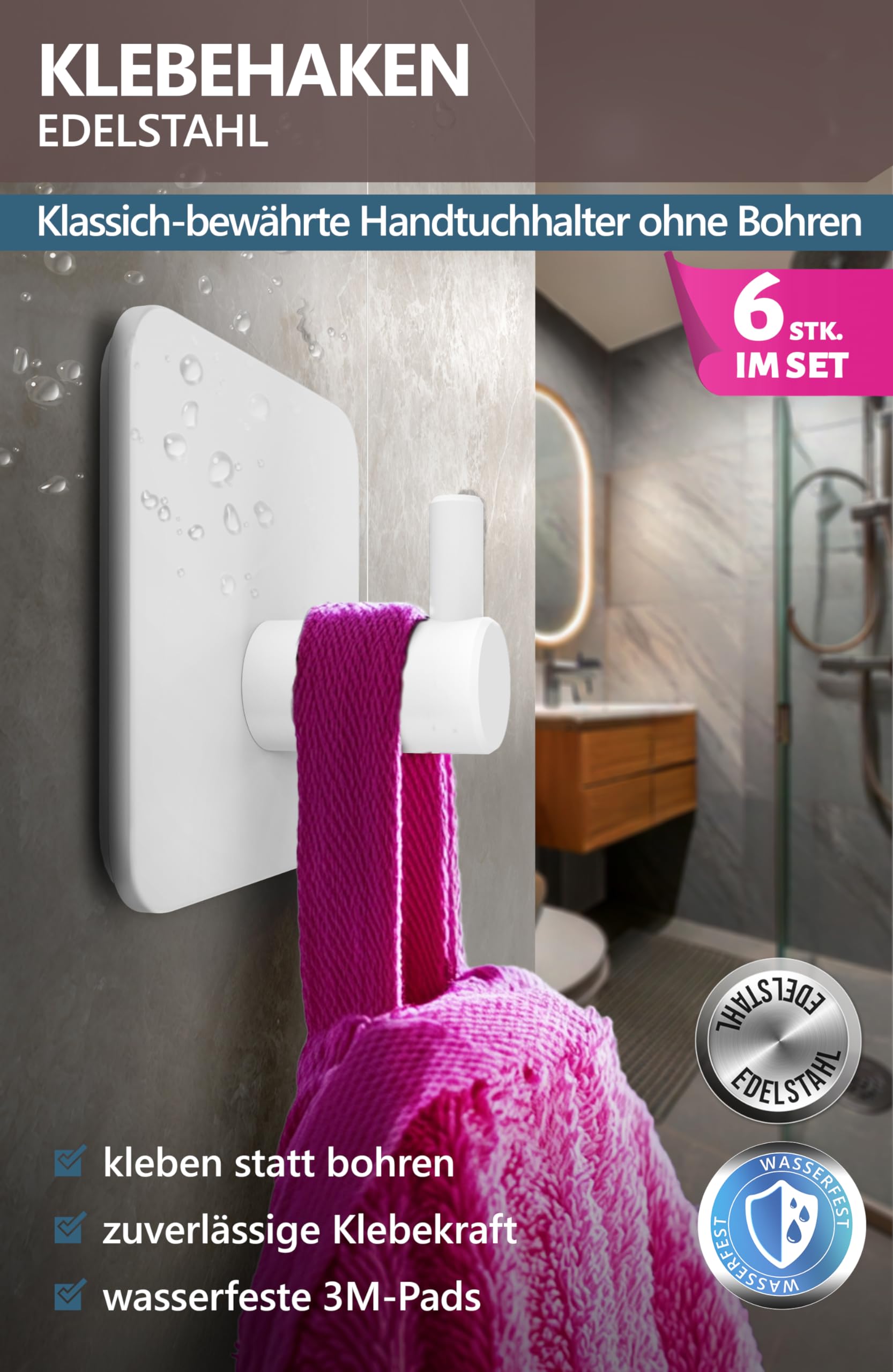 Menz Handdoekhouder zonder boren, set van 4 haken, wit – Waterdichte zelfklevende haken, roestvrij staal handdoekhaken voor badkamer, hoogwaardige zelfklevende haken, badkamer handdoekhouder met hoge