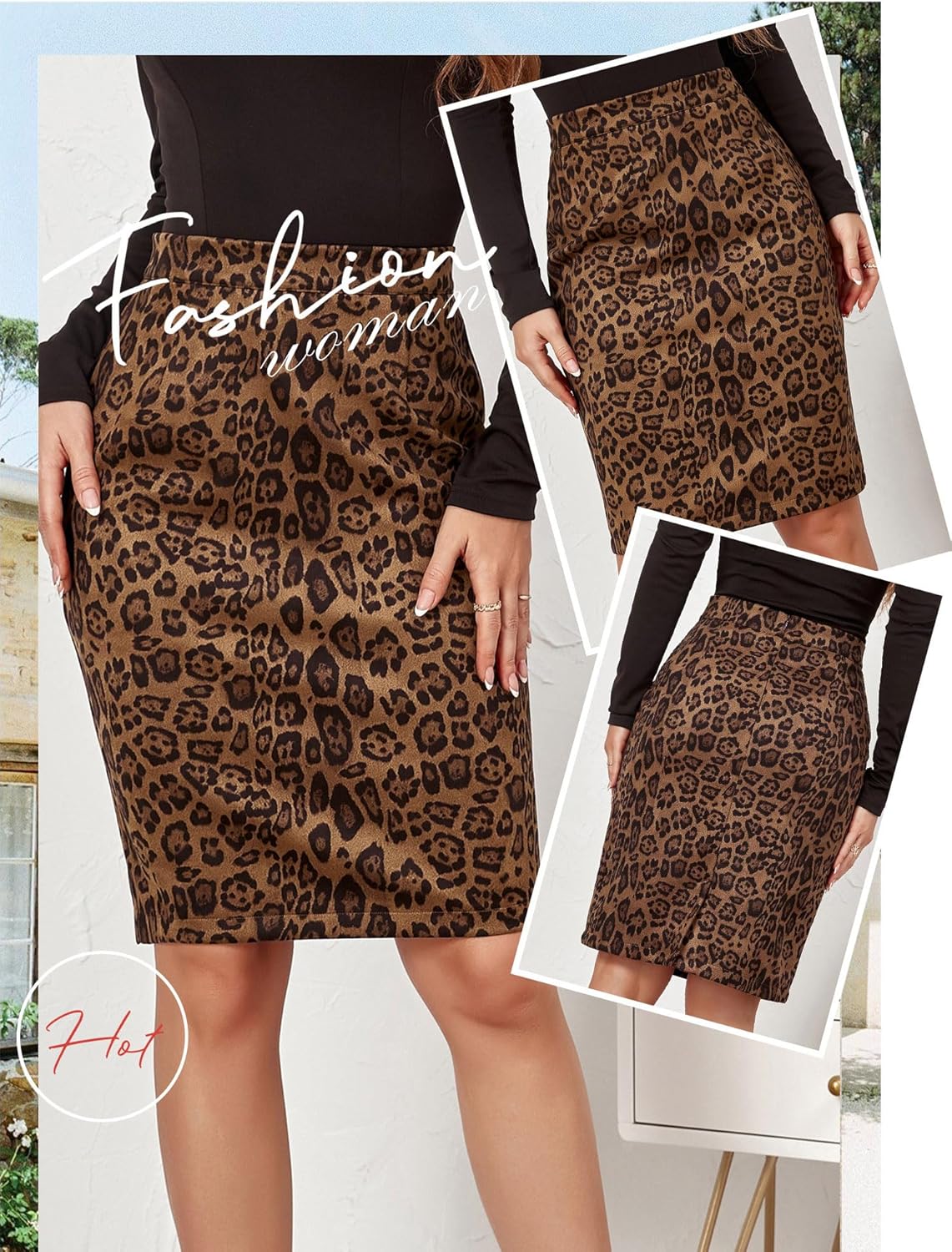 Ezcosplay Women Faux Suede Leopard Pencil Skirt Knee Length High Waisted Cheetah Print Bodycon Midi Skirts - Image 7