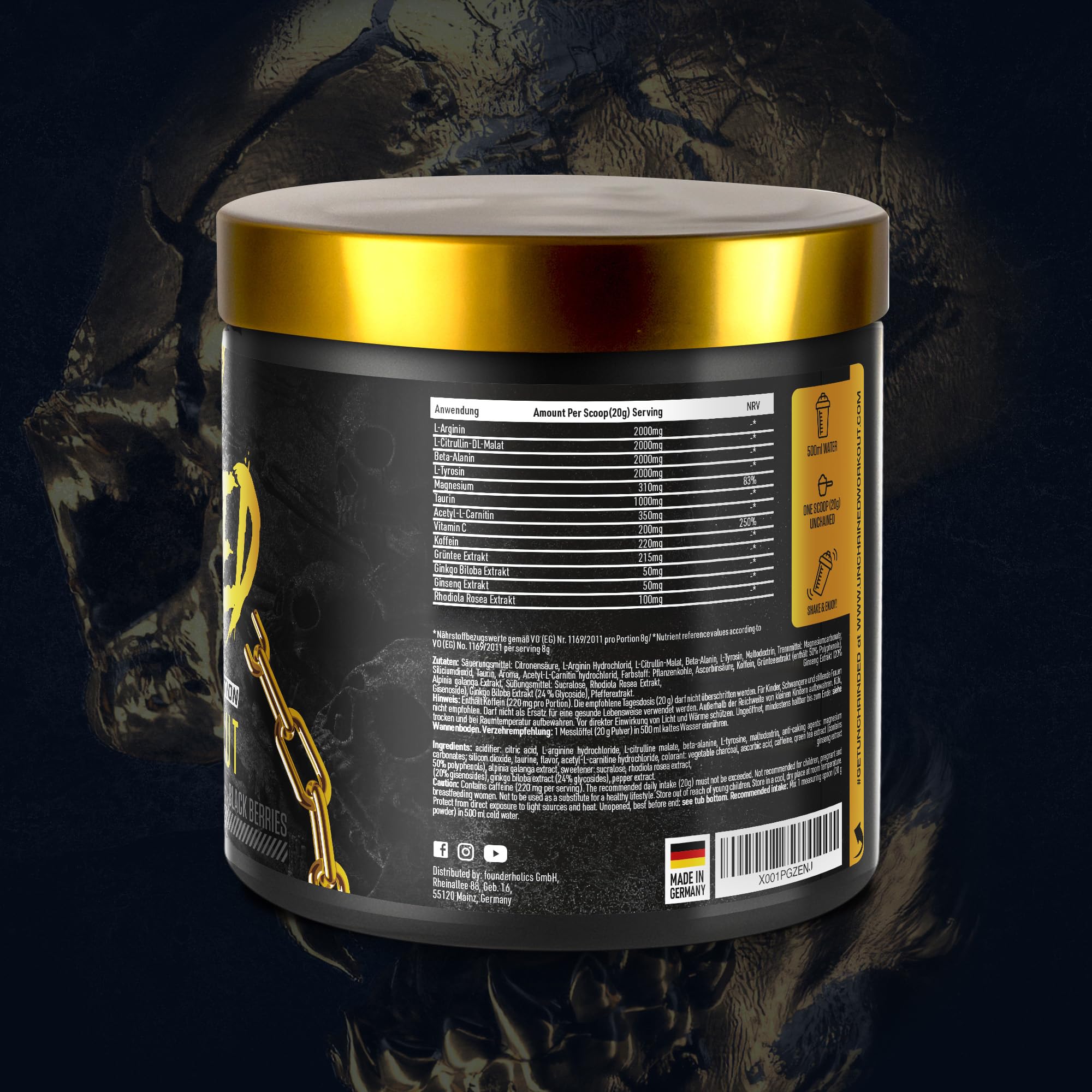 UNCHAINED® - Booster pre-allenamento con ecdysterone | 20 dosi (400 g) con caffeina | L-arginina, L-citrullina-malato, beta-alanina + altri 14 principi attivi | 100% energia | bacche nere
