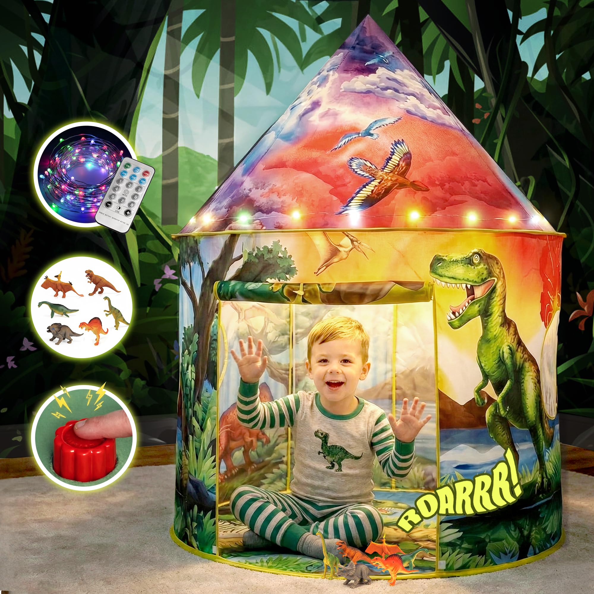 Dinosaur Discovery Kids Tent with Roar Button, Dinosaur Toys and LED Lights - Epic Pop Up Tent for Boys & Girls - Perfect for Indoor & Outdoor Adventures