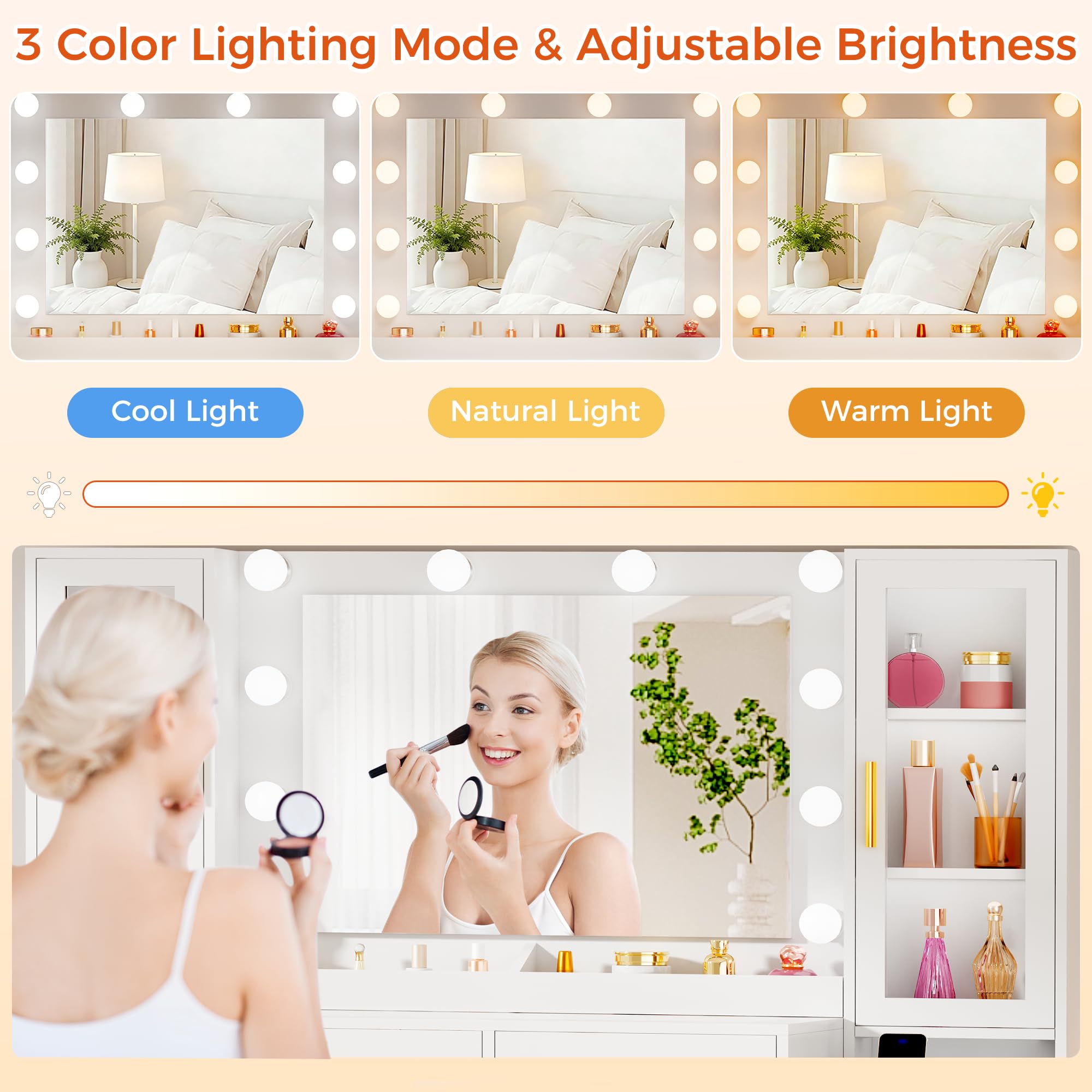 ANWBROAD 135cm Coiffeuse Moderne avec Miroir LED, Table de Maquillage avec Plateau en Verre et Prises Luminosité Réglable, Grande Blanche Coiffeuse avec 11 Tiroirs 6 Étagères pour Chambre Femme BDT23W