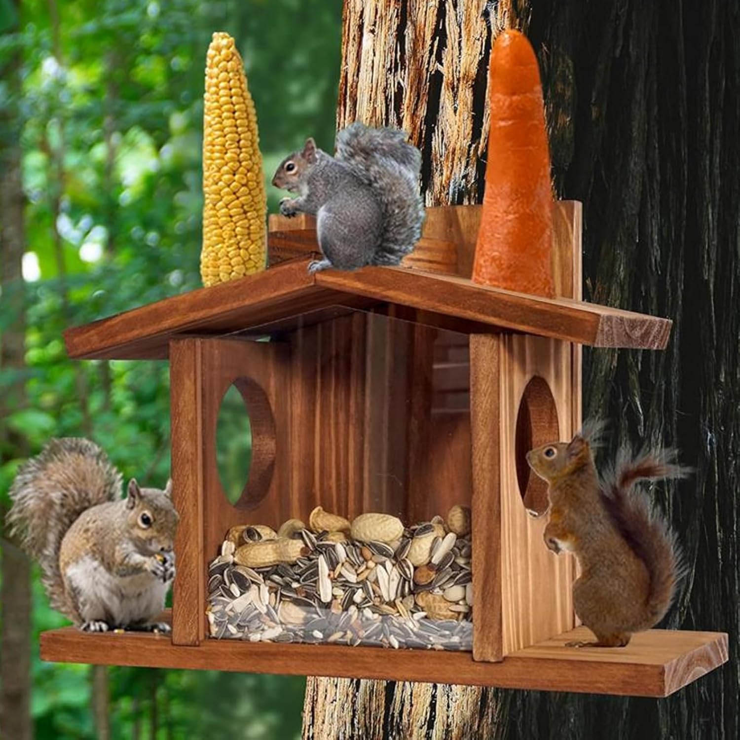 Squirrel Feeders for Outside, Squirrel House, Easy to Fill Wooden Bird Feeder, Visible Bird Feeder with Removable Panel for Corn, Suet, House