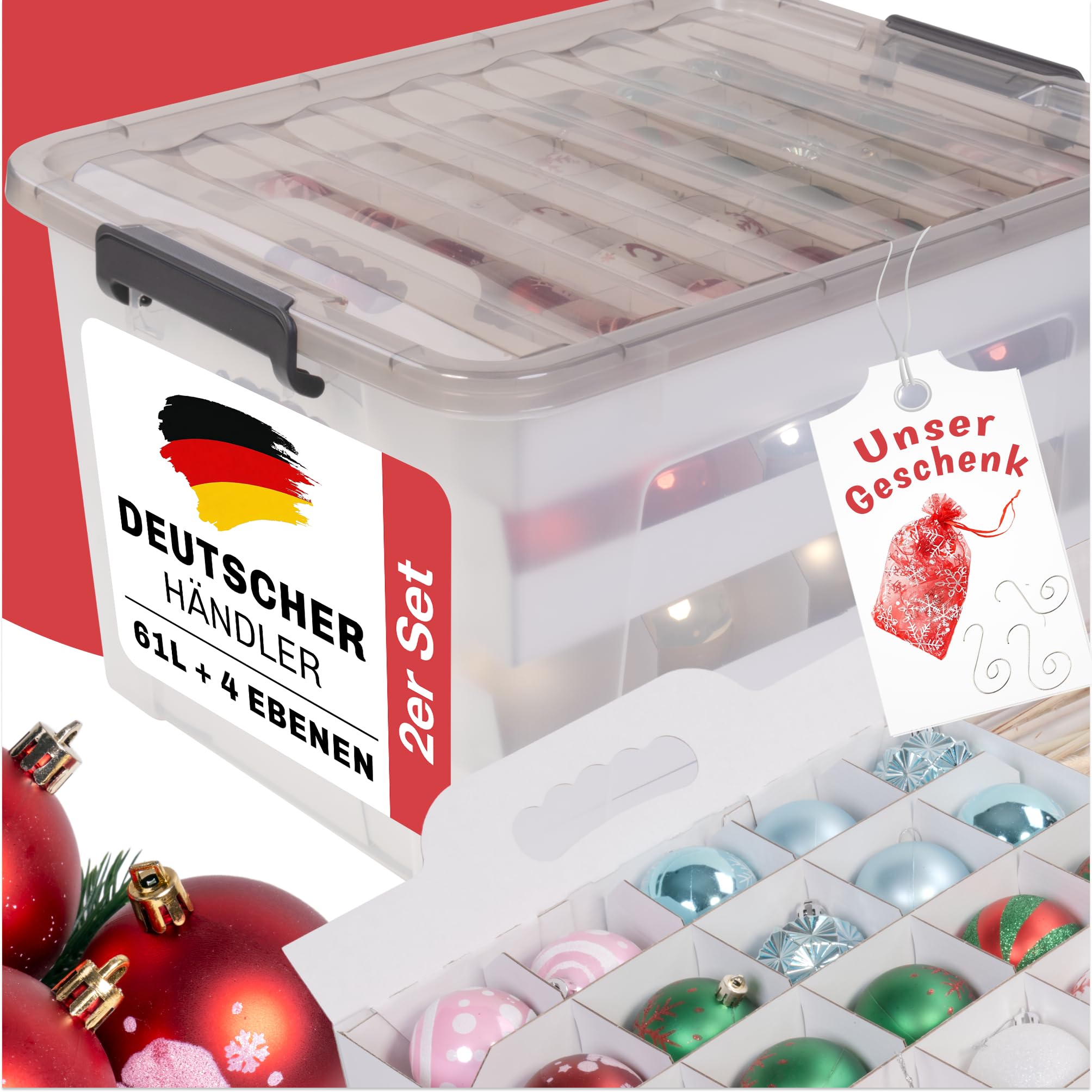 Aufbewahrungsbox Weihnachtskugeln I 61L I Sicherheit und Aufbewahrung für jede Christbaumkugel und die Weihnachtsdeko I Optimale Kiste bzw. Weihnachtskiste für Weihnachten I 2er Set