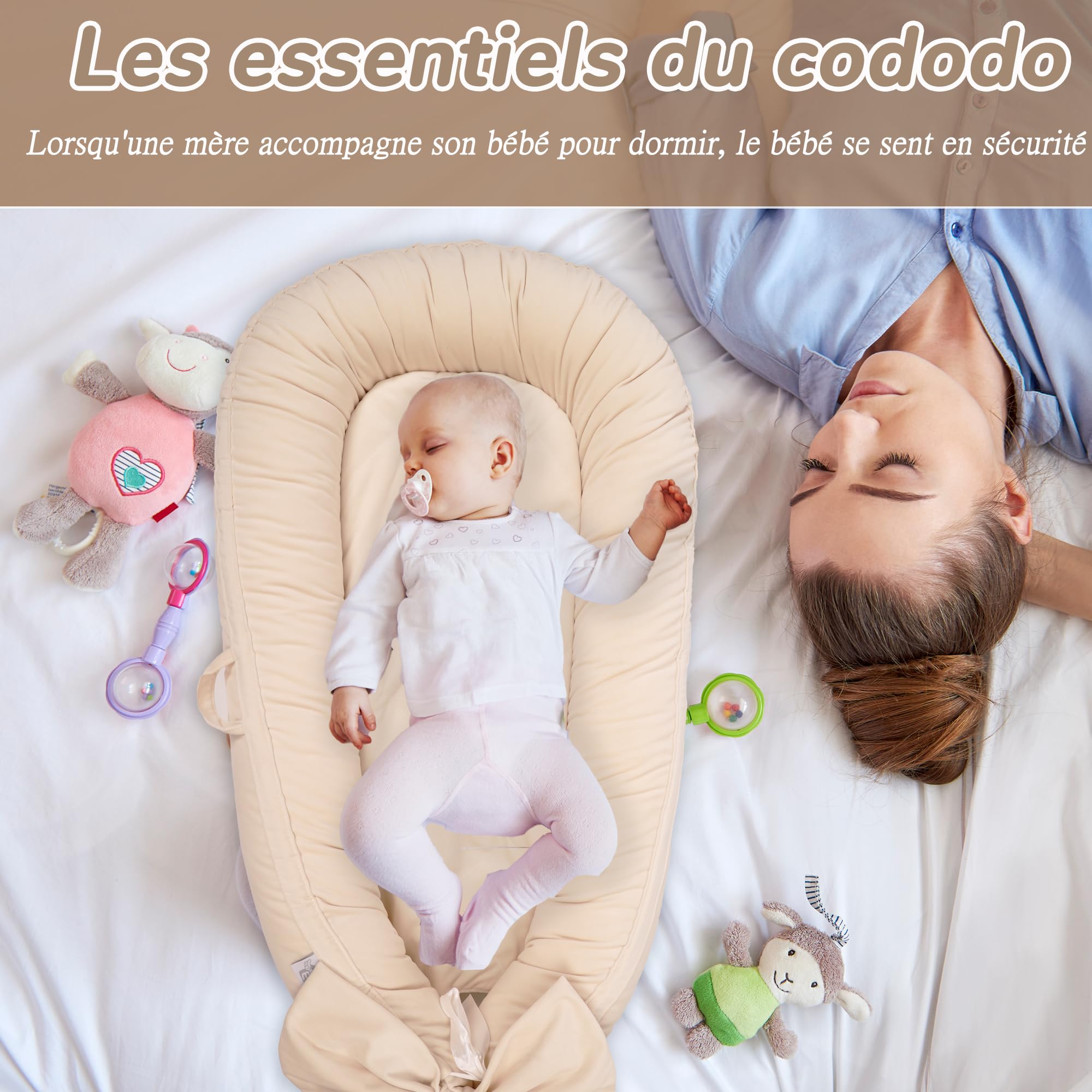 EAQ Couffin de Voyage Bébé 100% Coton Nid Cocoon Lit Nouveau-né, Amovible Lavable