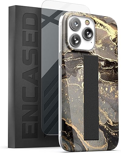 ENCASED Funda con correa de bucle, compatible con iPhone 14 PRO MAX (2022) con protector de pantalla, mármol negro y dorado