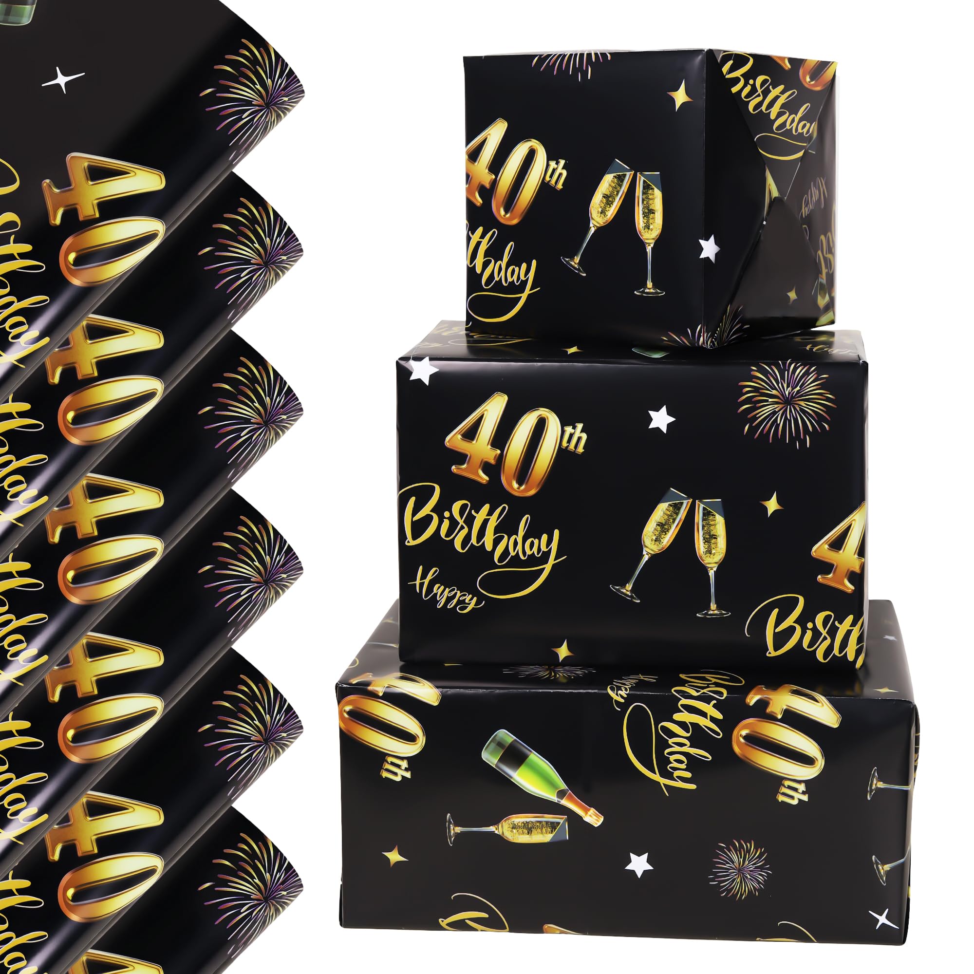 Bolibo 6 Sheets 40th Birthday Wrapping Paper, 70x50cm Gold Black Recyclable Gift Wrap Paper for Boys Girls Birthday Decorations (Black Gold 40)