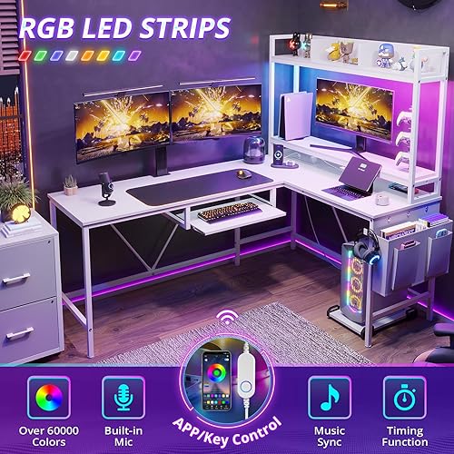 Miniatura 4 de VIGKOOK Escritorio para juegos en forma de L, escritorio esquinero reversible para computadora con toma de corriente y tira LED, escritorios de