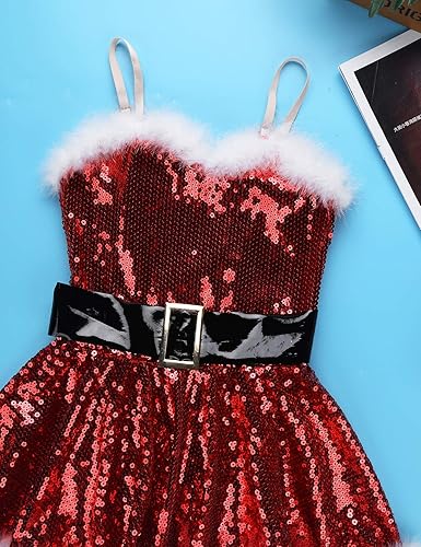 Miniatura 5 de JEATHA Disfraz de Papá Noel para niñas y niñas, con lentejuelas brillantes, sin mangas, vestido de baile de Navidad con sombrero y mangas para los