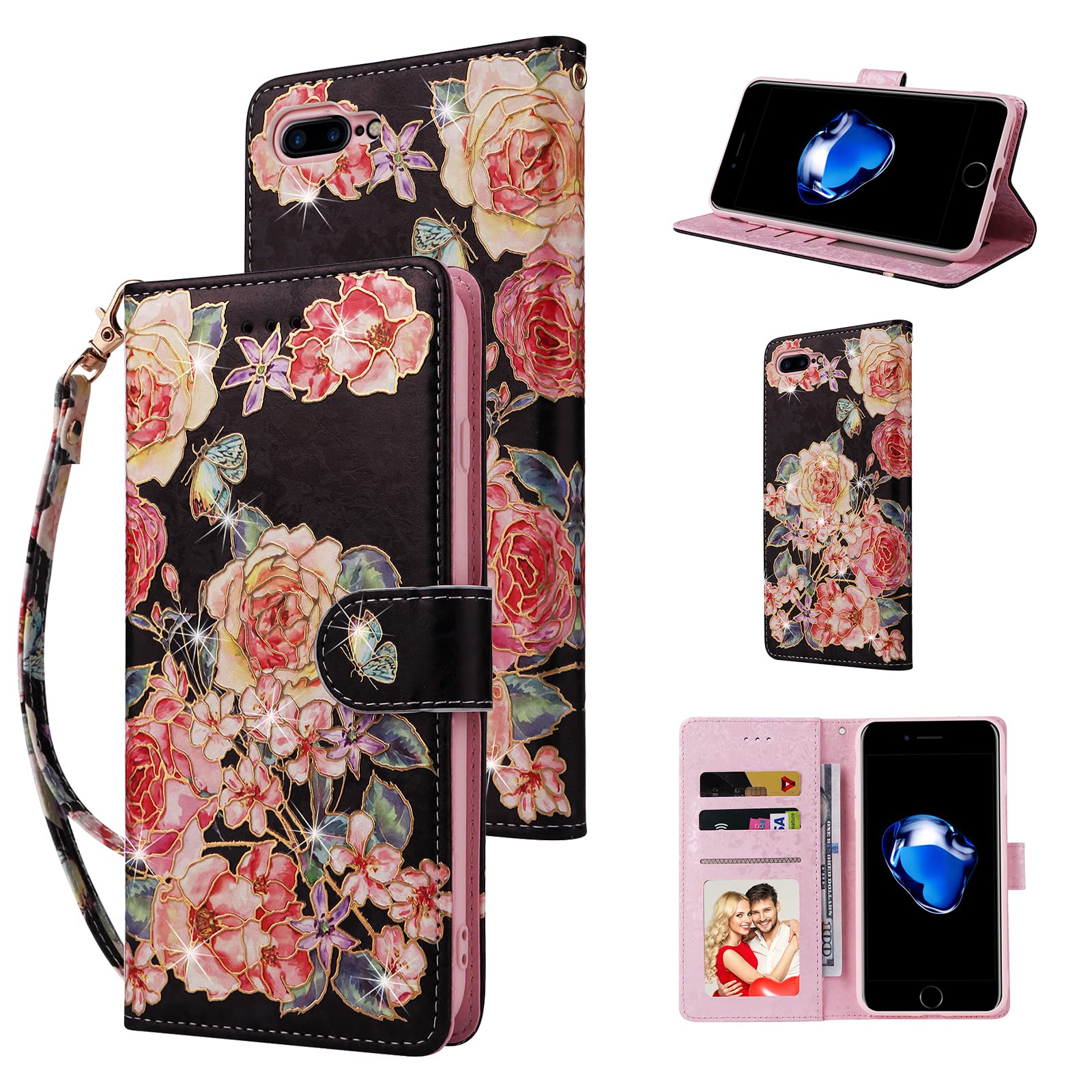 UEEBAI Custodia Portafoglio Per IPhone 7 Plus/8 Plus - Pelle PU Con Blocco RFID E Supporto, Rosa