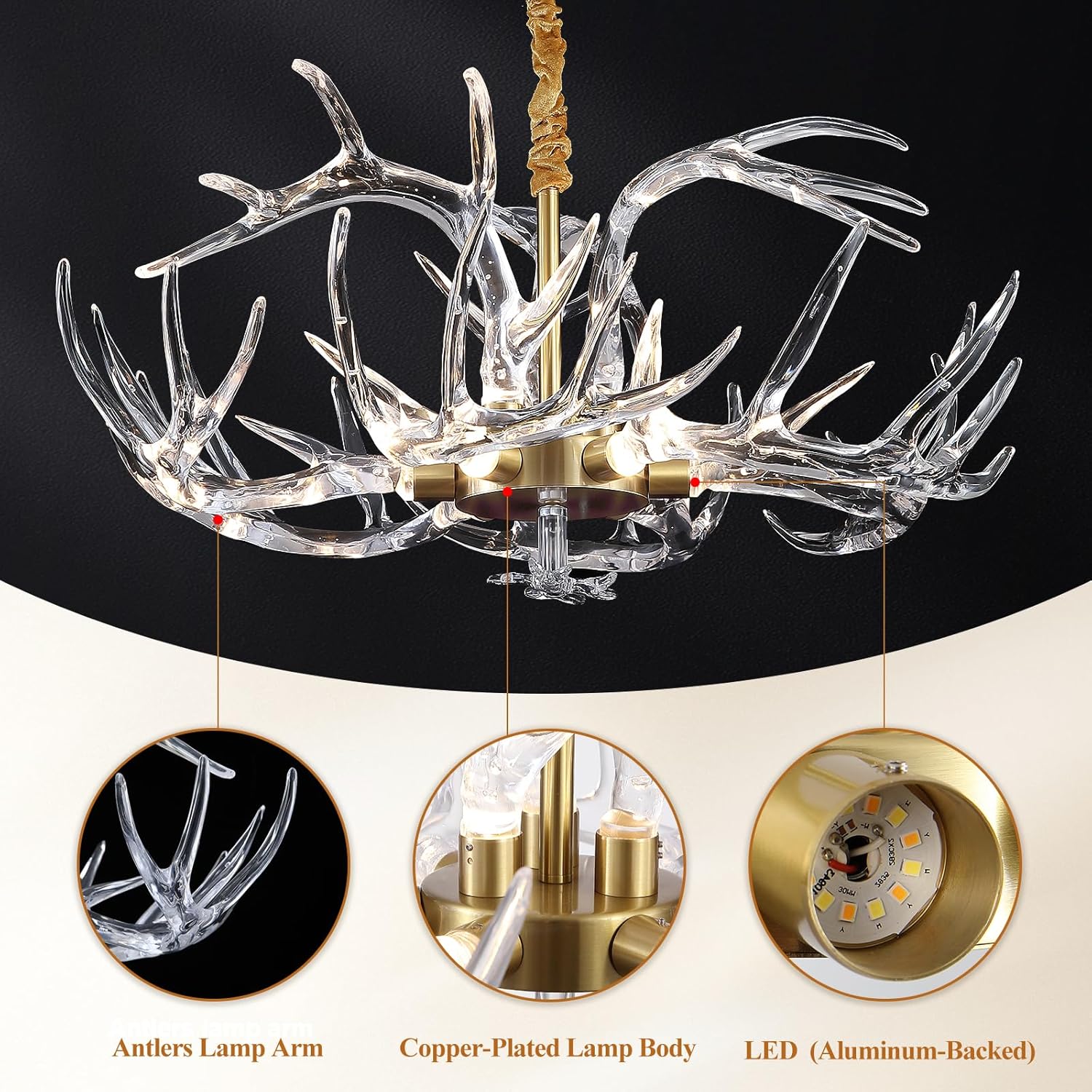 Acrylic Antler Chandelier Ceiling Light Fixtures, Clear Deer Chandelier Lighting, Dimmable Deer Horn Pendant Light Curved Antler & Gold 29.9" Single Tier 9 Lights