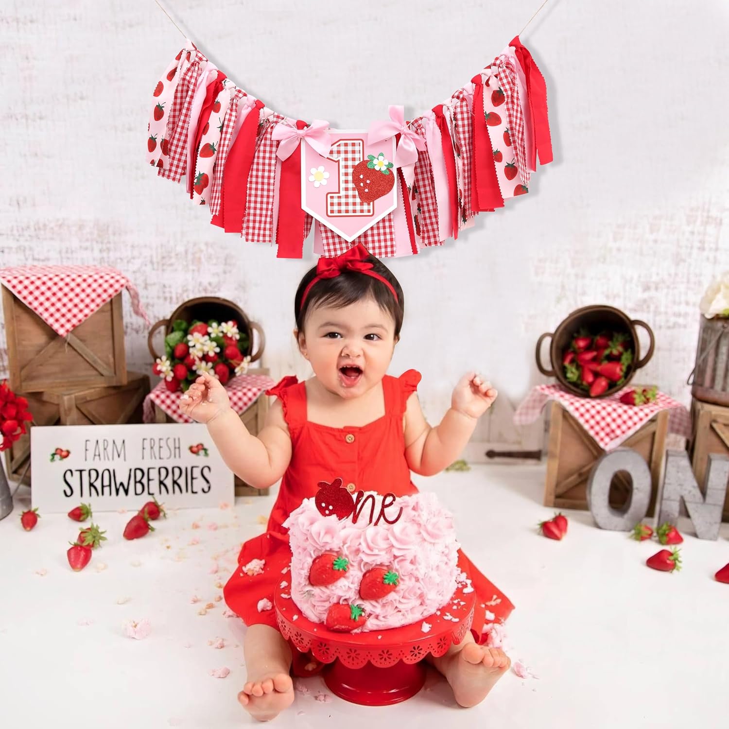 Strawberry 1st Birthday High Chair Banner - Strawberry 1st Party Decoration,Sweet First Birthday Banner,Cake Crush Photo Prop - Image 3