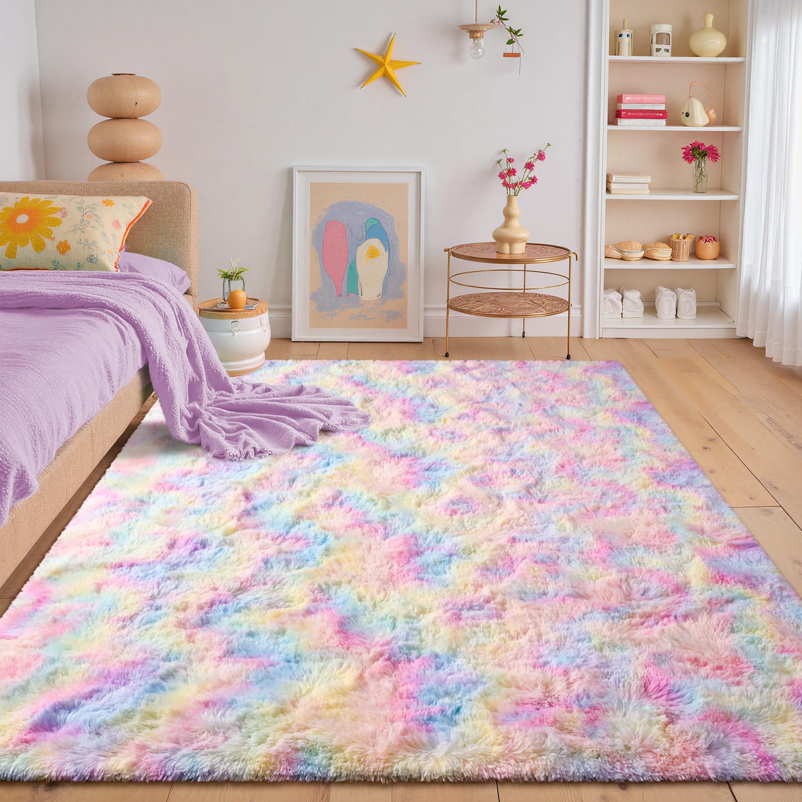 junovo Washable, Non-Slip Area Rug, Soft Rainbow Area Rug for Girl's Room, Children's Play mat, Baby Girl Bedroom Nursery Home Bedroom, 4ft x 6ft Tie-Dyed Rainbow