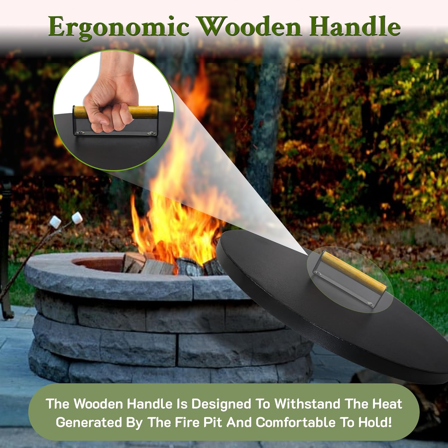 Simond Store - Fire Pit Lid 36" - 2MM Powder Coated Carbon Steel Fire Pit Shield with 2 Ergonomic Wooden Handle - Perfect for Firepit Inside Dia Up to 34"