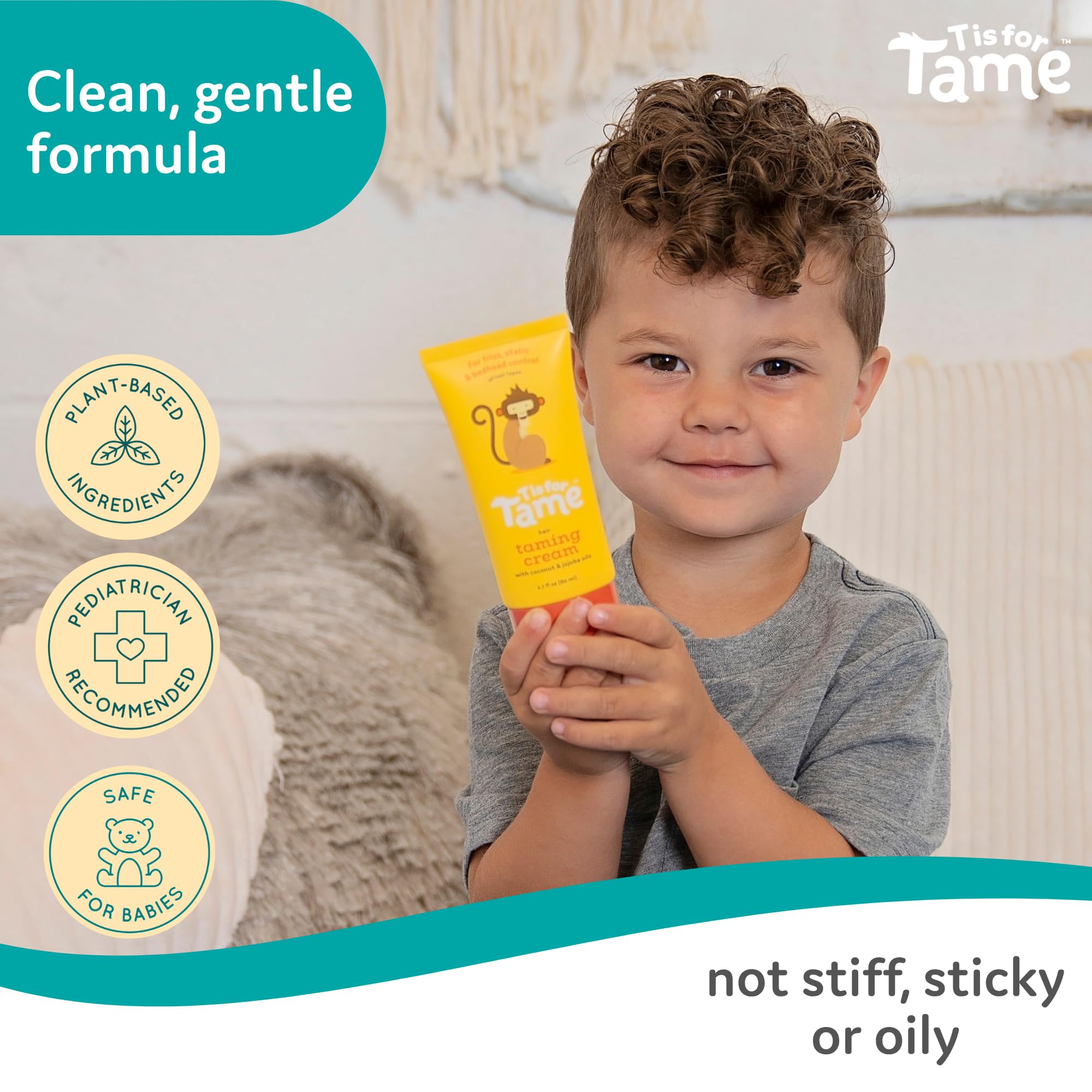 T is for Tame Cream – krem ​​do włosów dla dzieci z naturalnymi składnikami. Delikatnie modeluje niesforne, puszące się i elektryzujące się włosy, nie pozostawiając lepkiej ani tłustej warstwy. 100 ml