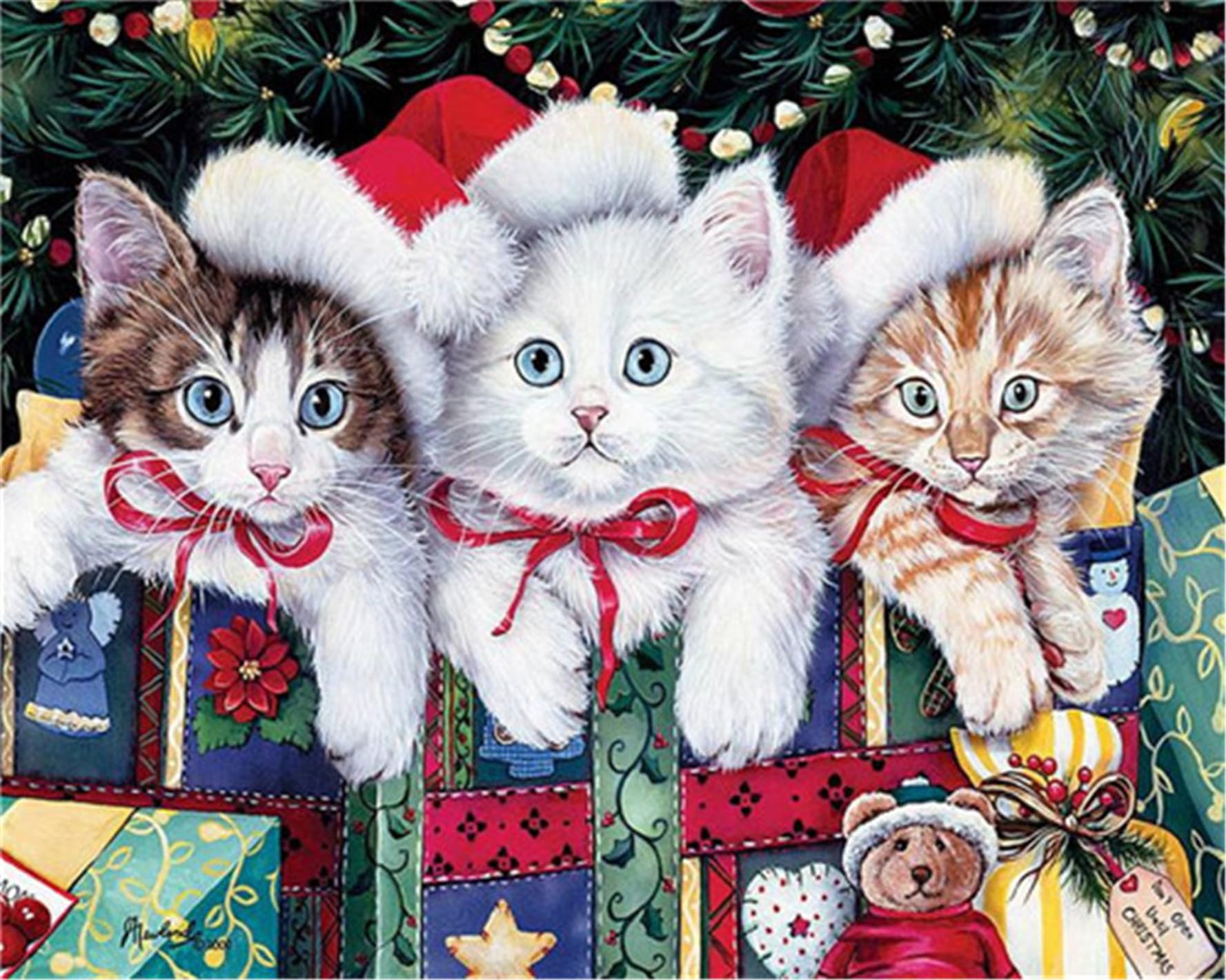 CaptainCrafts Paint by Numbers for Adults, Paint by Number DIY Oil Painting Paint by Number Kits Linen Canvas 16x20 Inch Wall Art House Decor Gifts (with Frame, Three Christmas Cats)