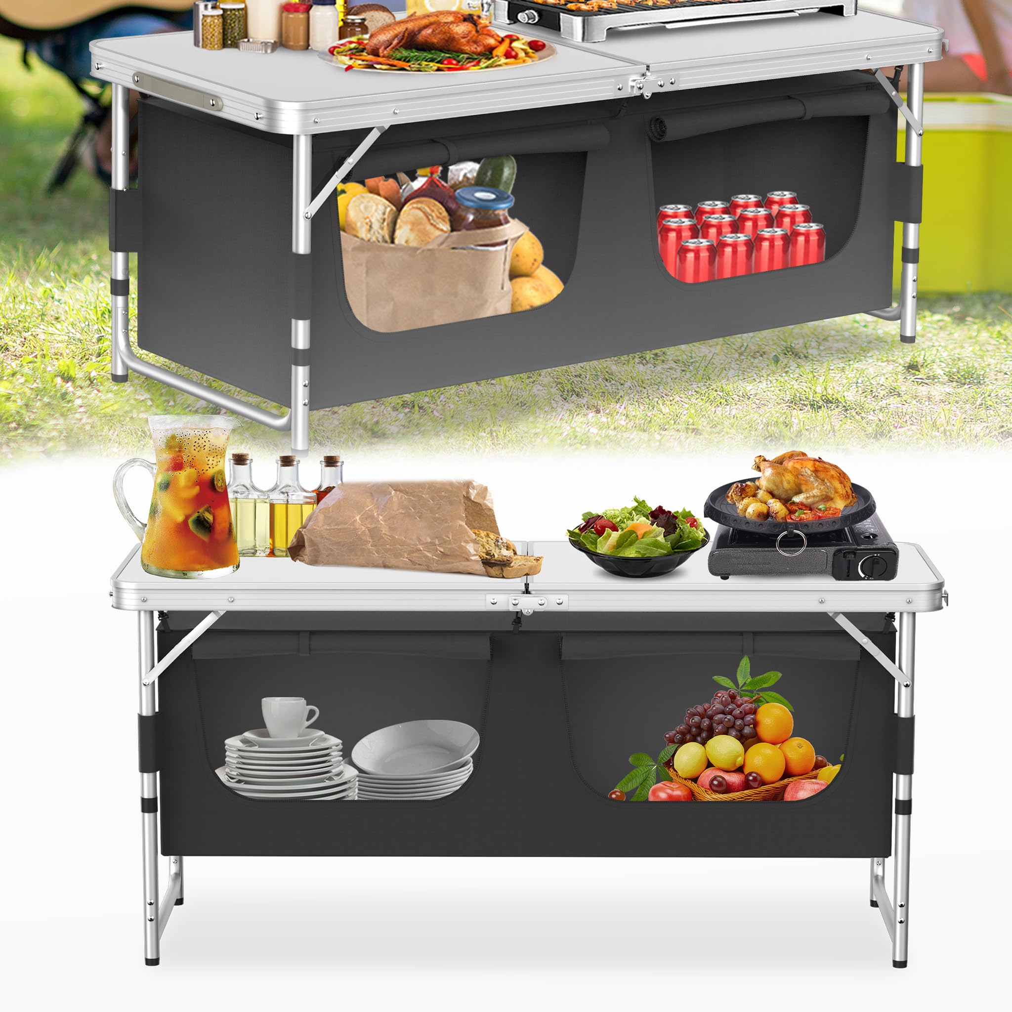 UISEBRT Campingküche Faltbar Campingschrank mit Aluminiumgestell Reiseküche Outdoor Camping Küche Küchenbox Ink. Tragetasche (120 x 47 x 62 cm)