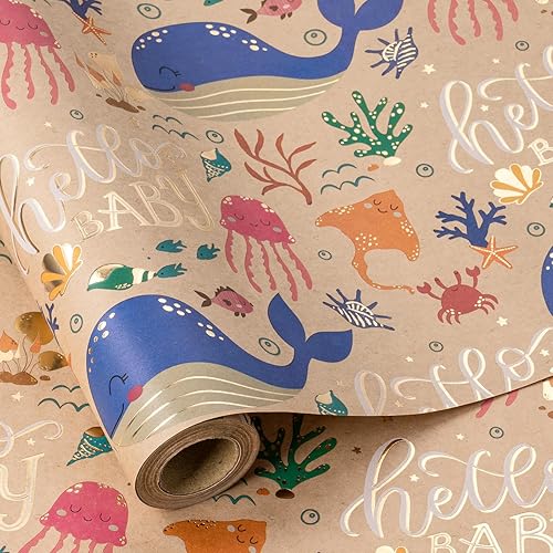 Miniatura 14 de RUSPEPA - Rollo de papel para envolver regalos con diseño de animales del bosque, mini rollo, papel kraft con texto "Oh Baby" para baby shower, Oh