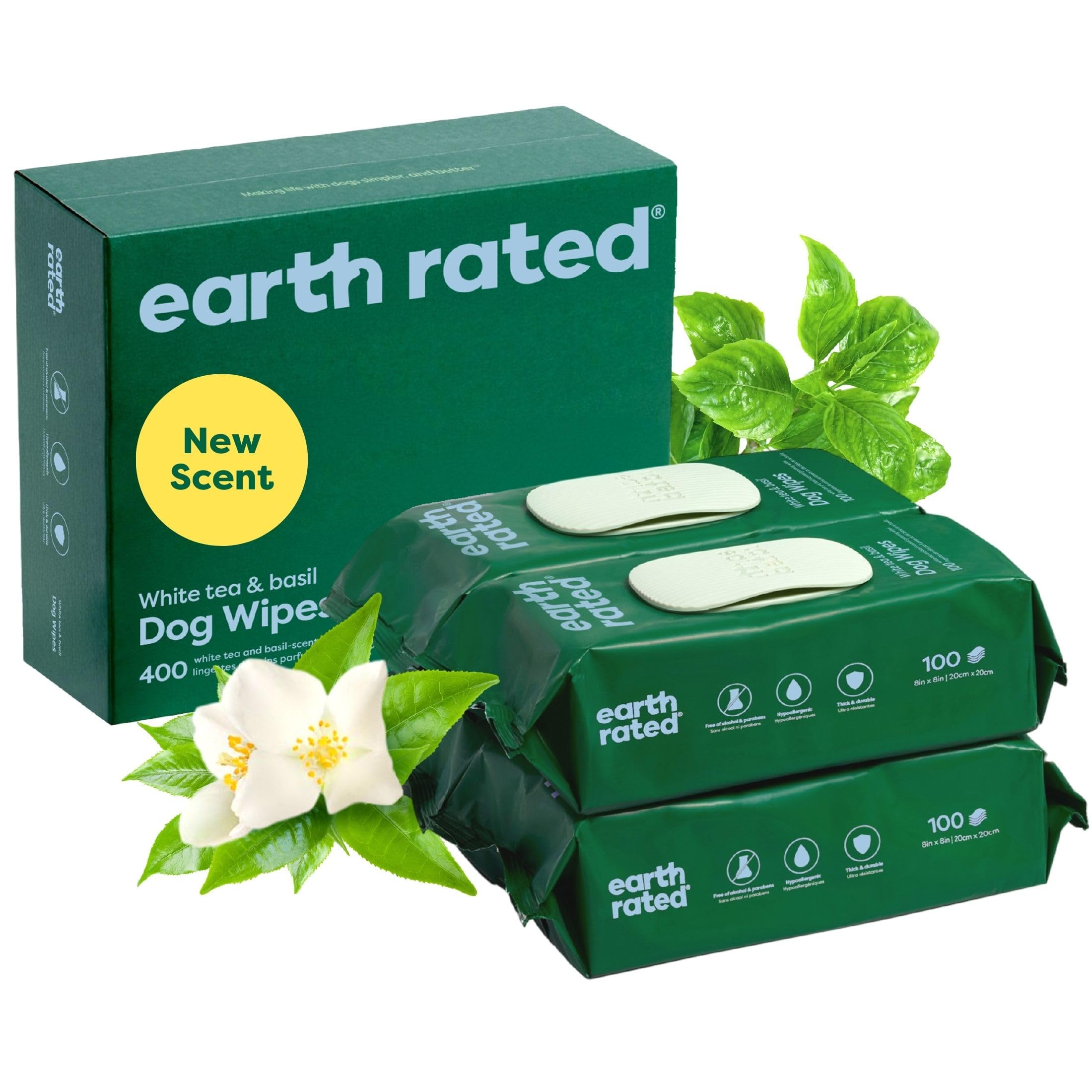 Earth Rated Pet Wipes for Dogs and Cats, Hypoallergenic, 3-in-1 Cleaning, Deodorizing and Hydrating, for Grooming Paws, Body and Bums, New White Tea and Basil Scent, 400 Count