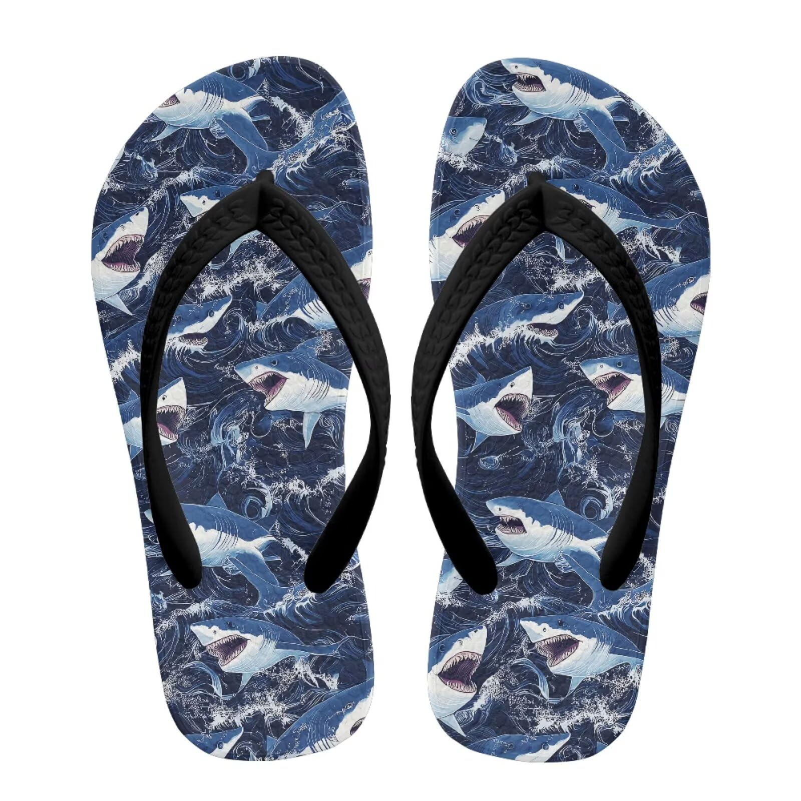 Watdotory Boys Girls Flip Flops Sandals Blue Sharks&Wave Print Water Park Summer Beach Swim Pool Shoes for Kids Indoor and Outdoor Size 2