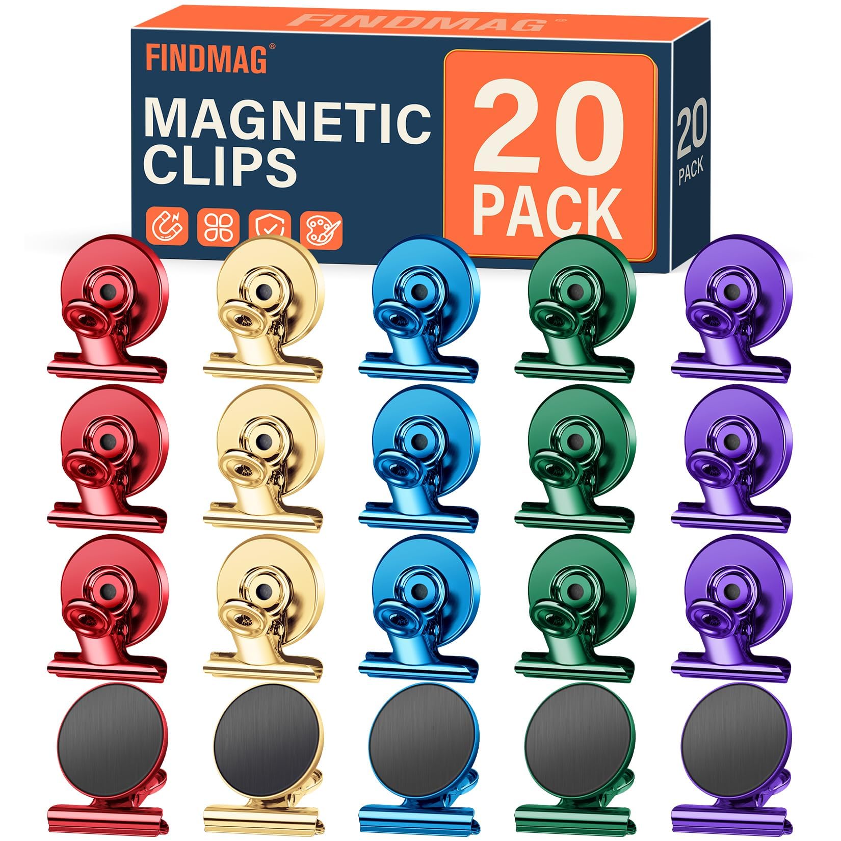 FINDMAG 20Pack Colorful Fridge Magnets, Refrigerator Metal Magnets Clips