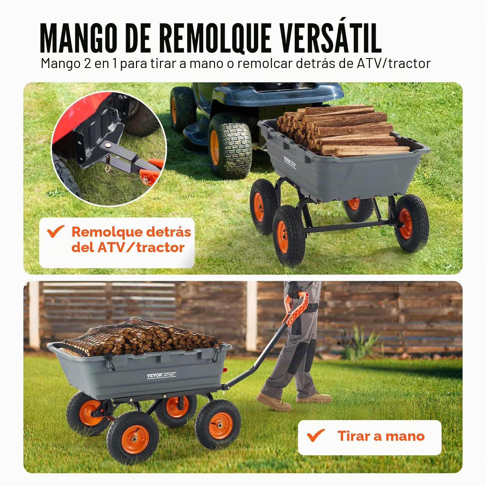 VEVOR Carro Volcador de Polietileno para Jardín con Marco de Acero Fácil de Montar, 2 en 1 Carro Volquete con Mango Convertible con Neumáticos Grandes, 544 kg de Capacidad para Jardín, Patio