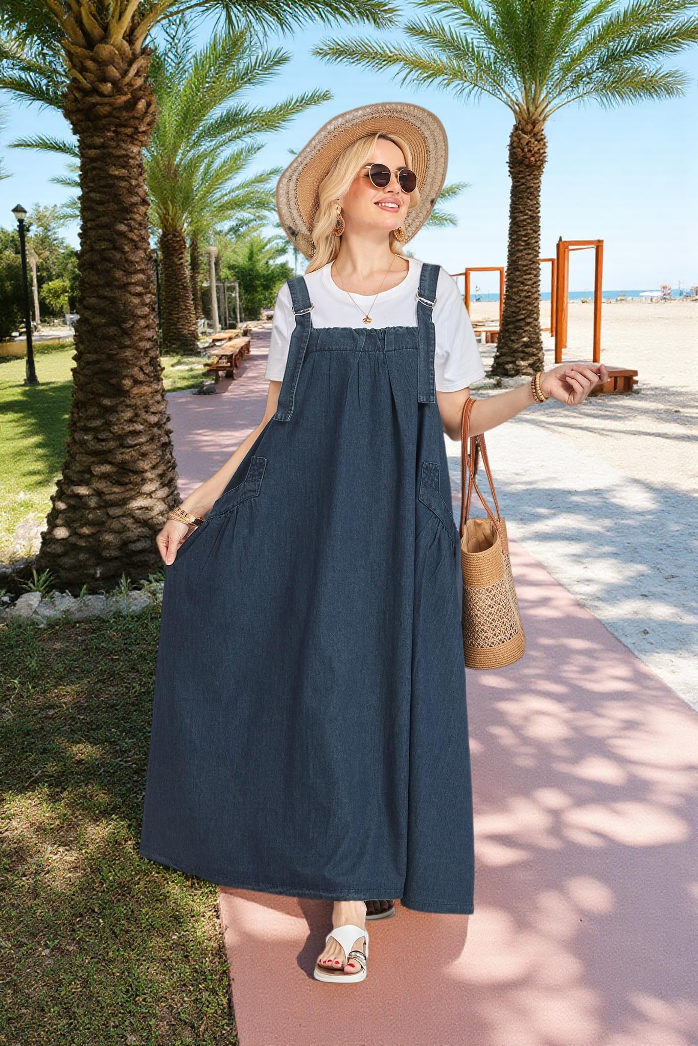 Vestido de mezclilla ancho para mujer, longitud máxima, tirantes ajustables, dobladillo ancho