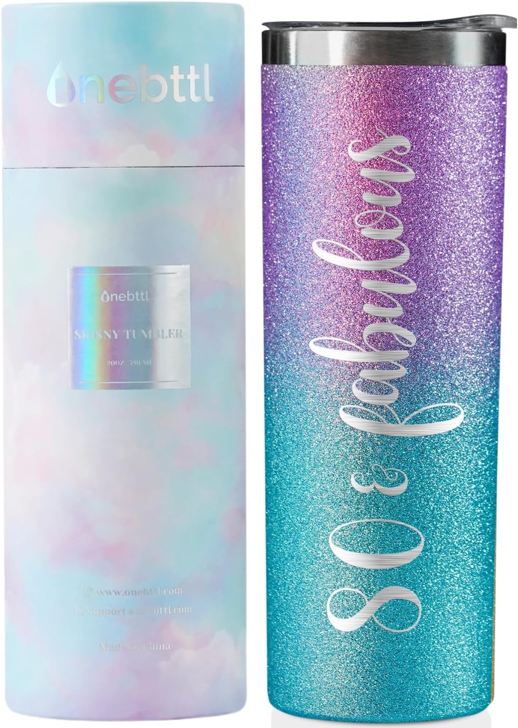 Onebttl 80th Birthday Gifts for Women, 20oz Insulated Stainless Steel Tumbler with Lid and Straw for Her, Mom, Grandma - 80 & Fabulous Glitter Purple Blue Glitter Purple&Blue