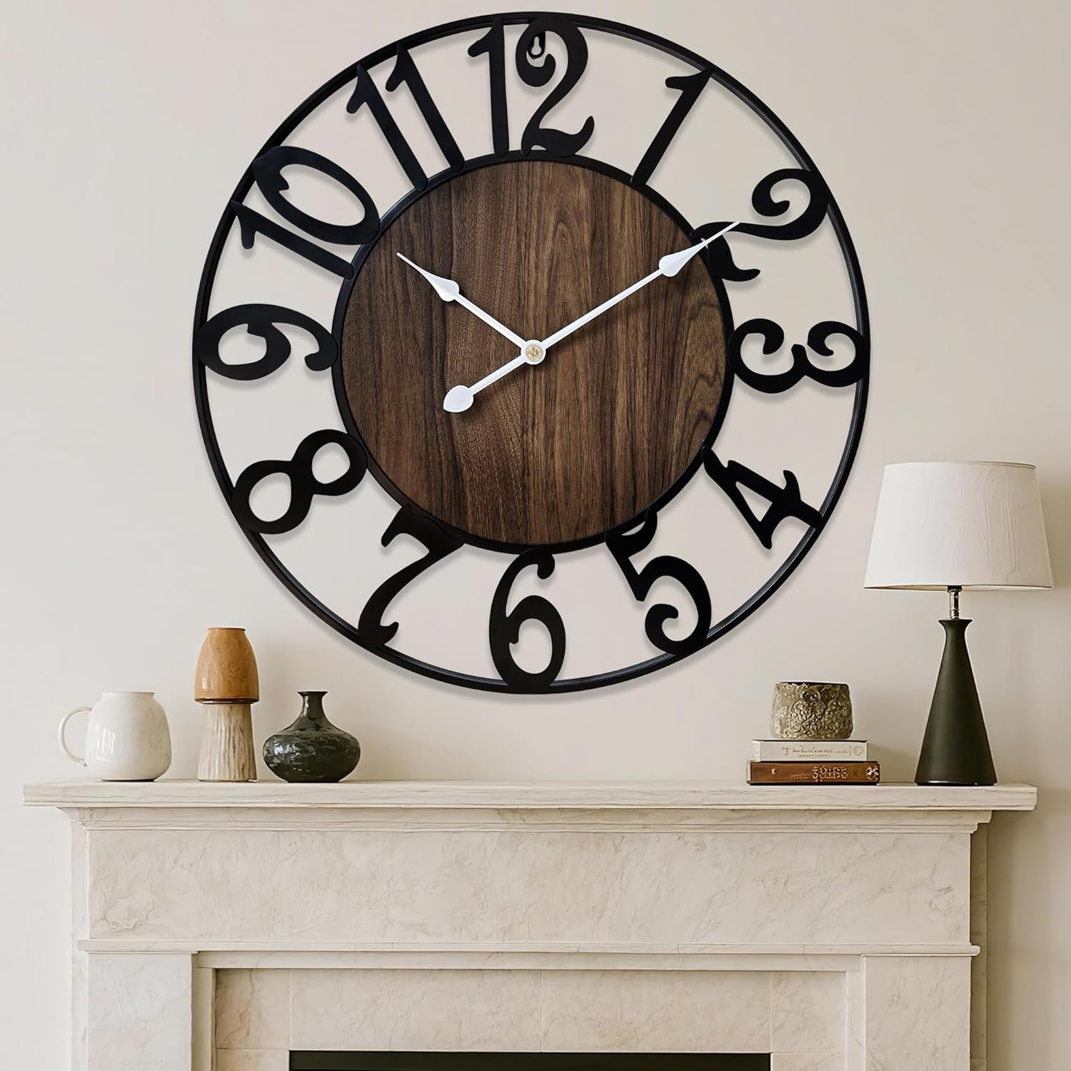 30 Inch Large Wall Clock for Living Room Bedroom Kitchen Mantel Decor, Battery Operated Decorative Quiet Ticking Metal Round Modern Farmhouse Arabic Numerals Big Clock Wall Decor Black (Arabic Numerals) 30in