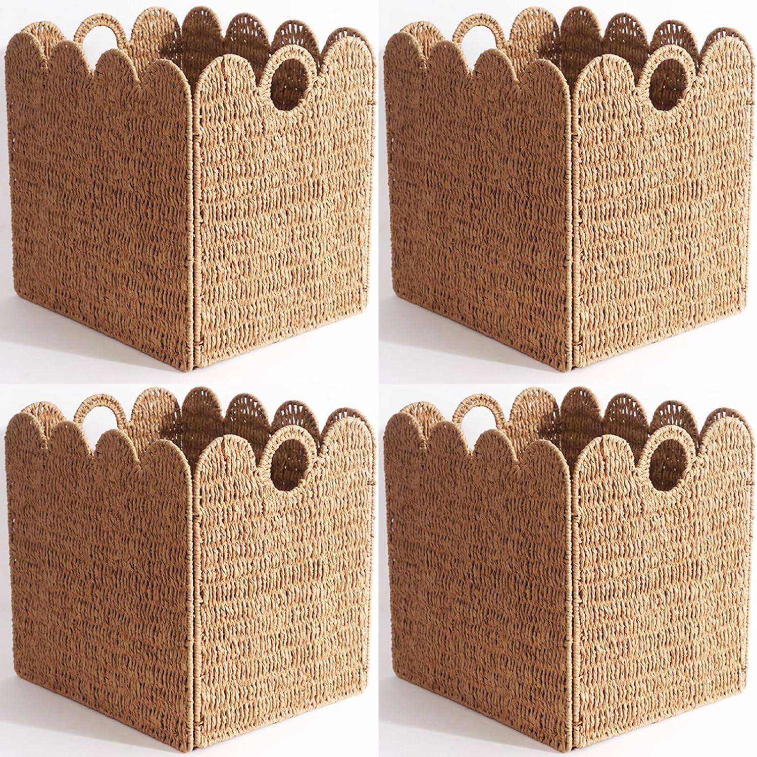 Scalloped Wicker Storage Cubes Basket, 12”x12“ Heavy Duty Paper rope/Hyacinth/Seagrass Baskets for Shelves, Foldable Natural Boho Square Bins (Paper