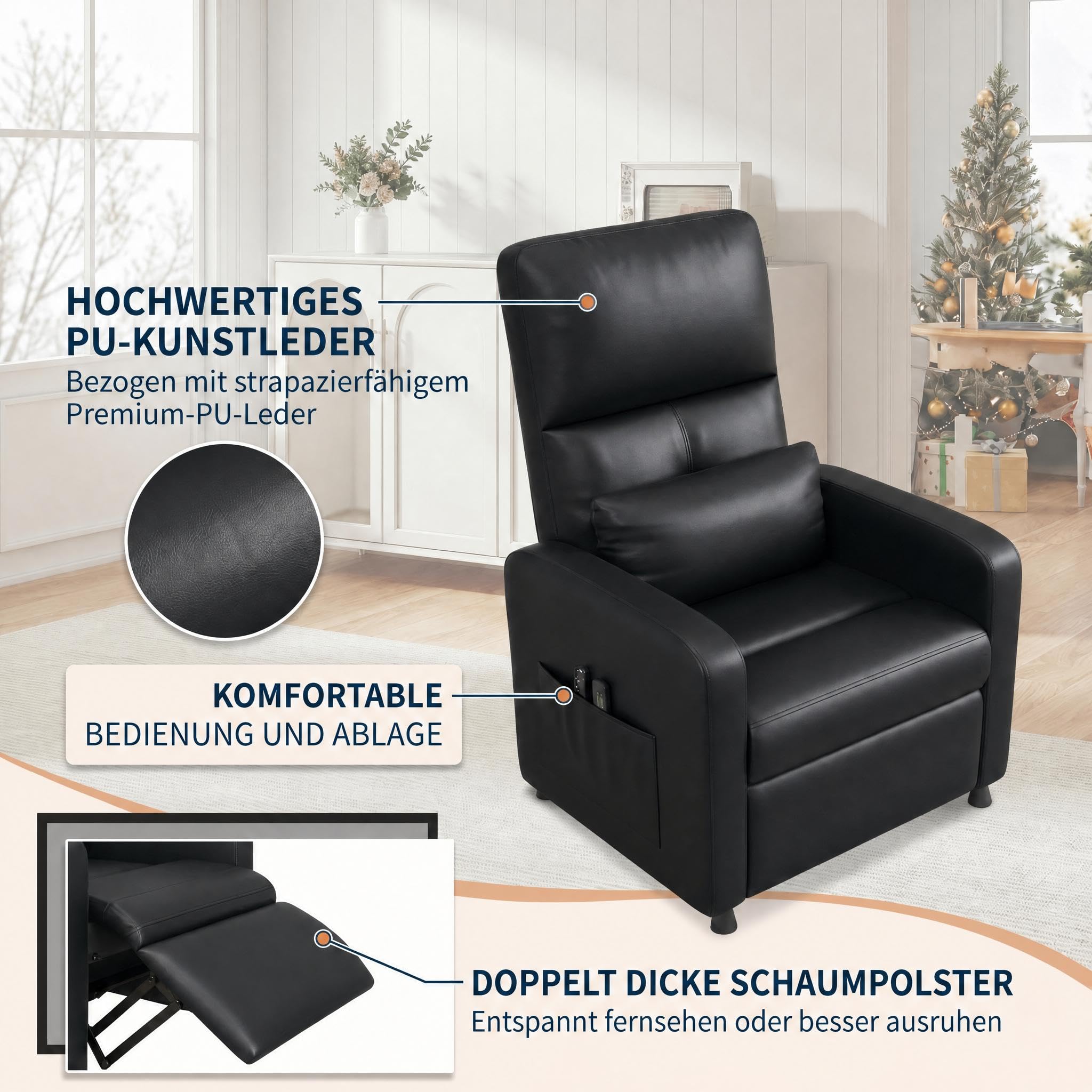 Elektrischer Massagesessel mit Aufstehhilfe, 8 Massage-Modi | Heizfunktion, Liegefunktion, Hohe Rückenlehne, gepolsterter PU-Ledersitz, USB-Anschluss, Seitentaschen & 2 Getränkehalter