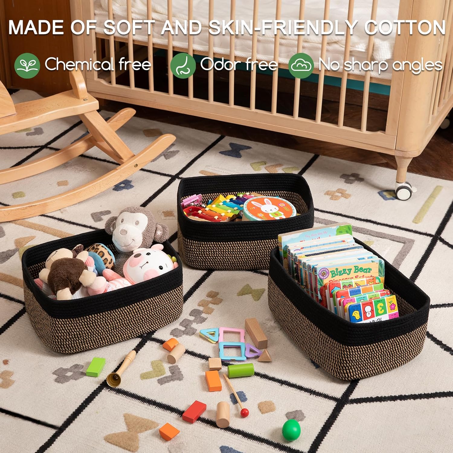 OIASKET Storage Baskets for Organizing 3 Pack, Woven Baskets for Shelves, Closet Organizer Bins Empty Gift Basket Toy Storage for Toys, Books, Towels, Clothes, 15"x11.42"x6.7", Black & Yellow