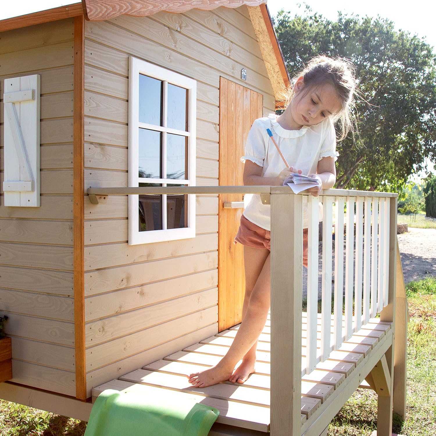 Casita Infantil de Madera Exterior con Tobogán Super OLI | Colores Personalizables | 150 x 192 x A230 cm | Casas Green House