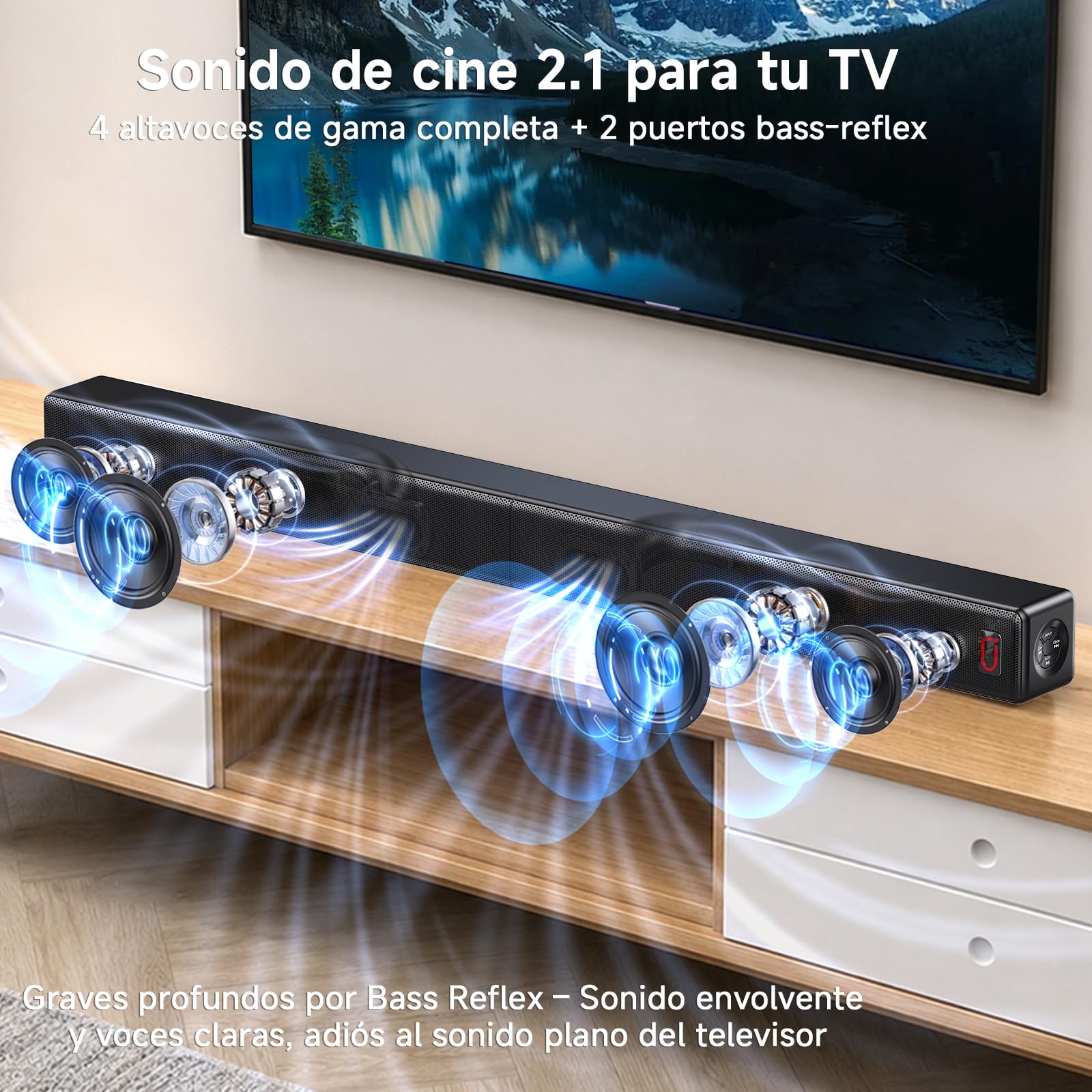 JYX 2.1ch Barra de Sonido para TV, 2026 Upgrade 120W 2 en 1 Desmontable, Barras Altavoces Bluetooth 5.3 con ARC/Opt/AUX, Graves Ajustables (4 Altavoces + 2 Tubos Reflex)
