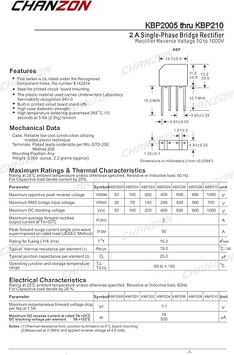 Miniatura 2 de Chanzon KBP206 Puente Rectificador Diodo 2A 600V KBP-4 (SIP-4) Monofásico, Onda Completa 2 Amp 600V Diodos de Silicio Electrónicos